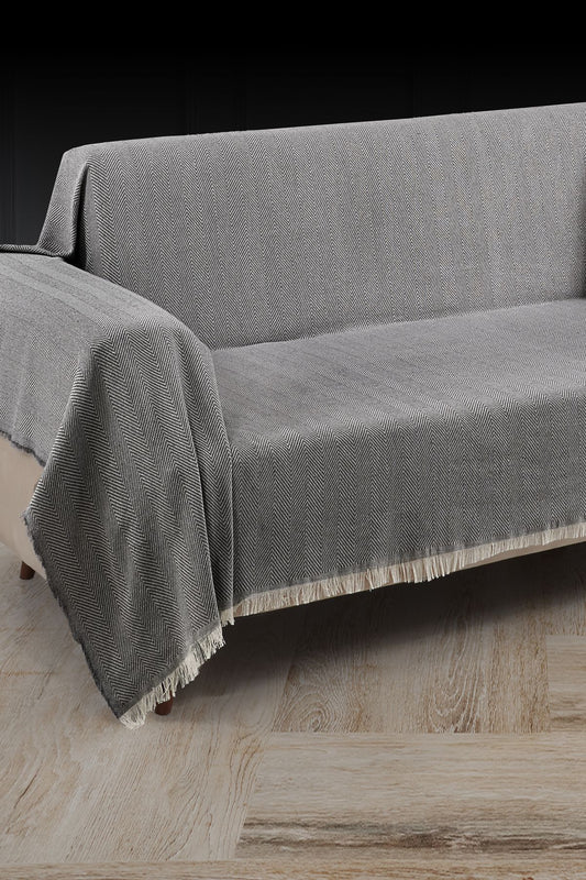 Saçaklı Koltuk Örtüsü %100 Pamuk | Koltuk Şalı 180x300 Cm Antrasit