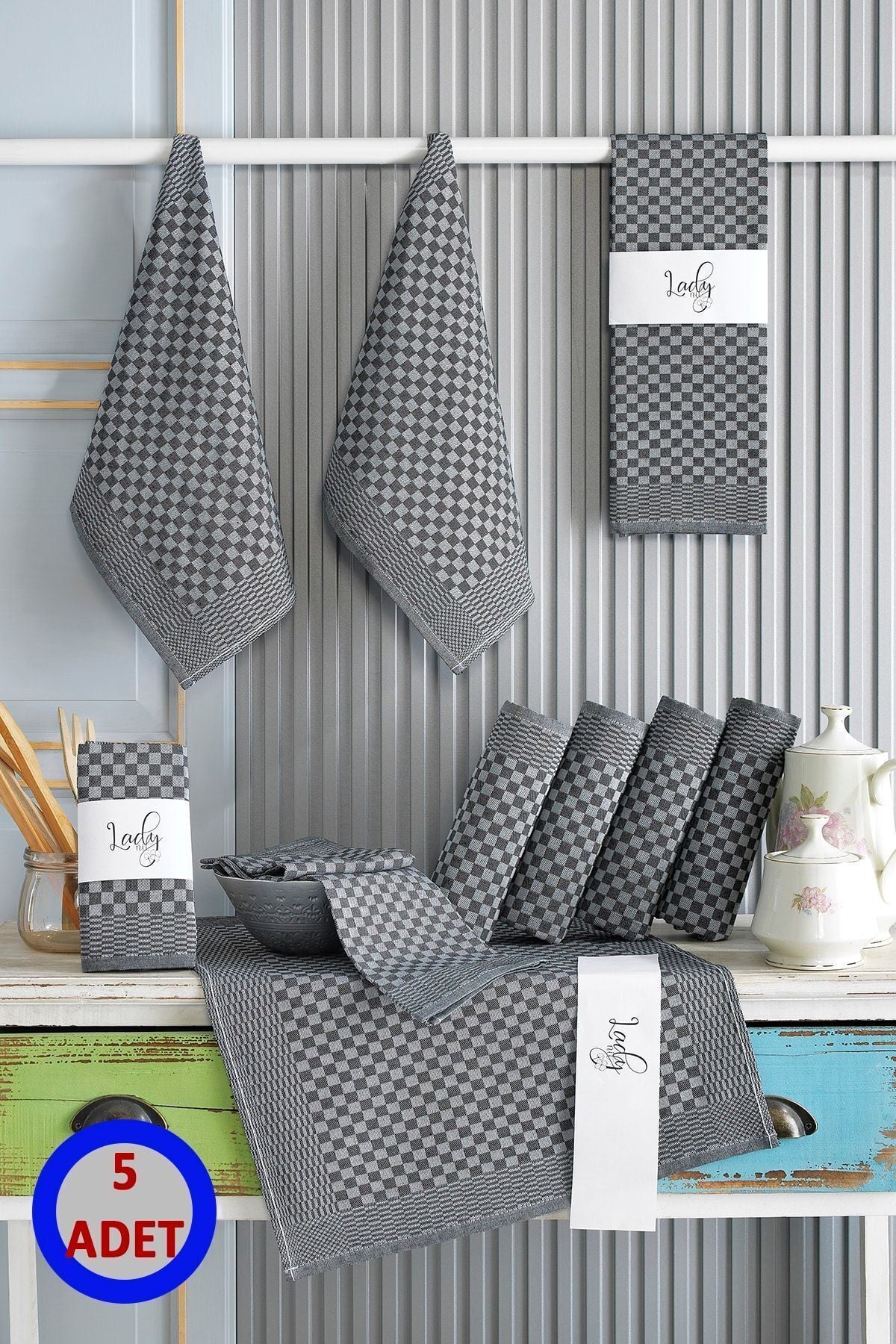 5 Li Kırmızı Mutfak Peçetesi Dama Desenli Pamuklu