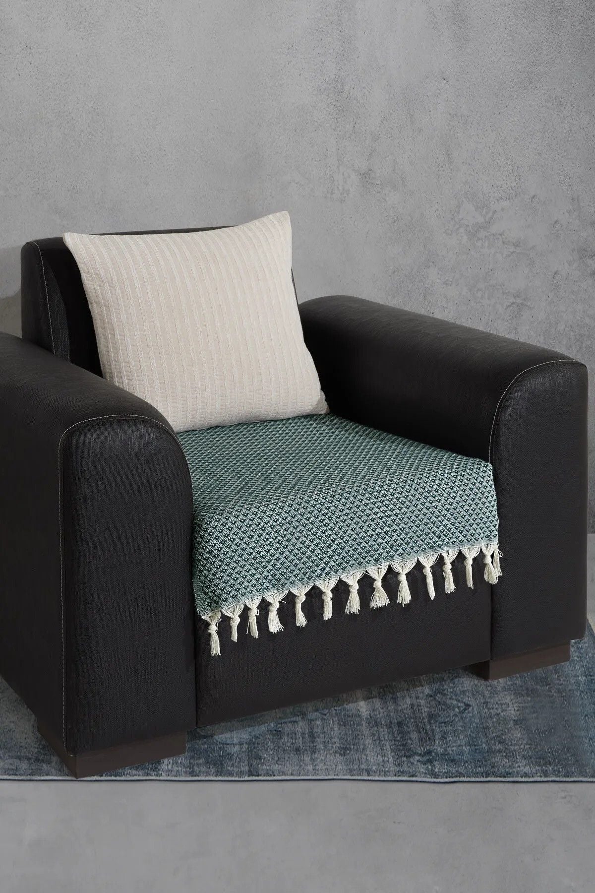 Oturma Yerini Kapatan Saçaklı Koltuk Örtüsü %100 Pamuk | Berjer Örtüsü Koltuk Şalı 70x95 Cm Yeşil