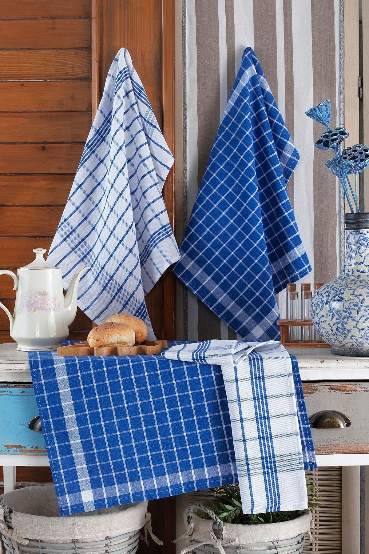 4'lü Mutfak Havlusu Seti & Alman Peçetesi 50x70 Cm % 100 Pamuk Ve Yıkanmış Büyük Kareli