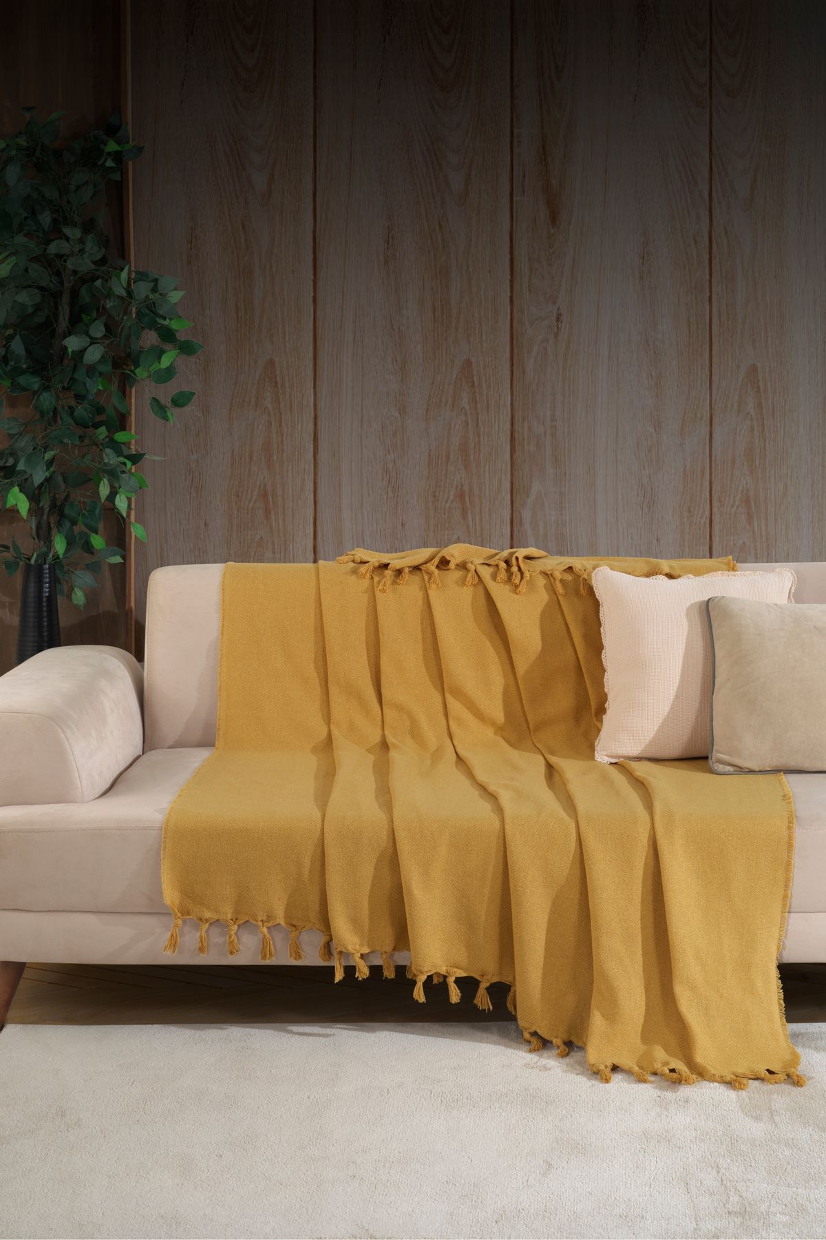 Natural Koltuk Örtüsü Koltuk Şalı 180 x 210 %100 Pamuk Hardal