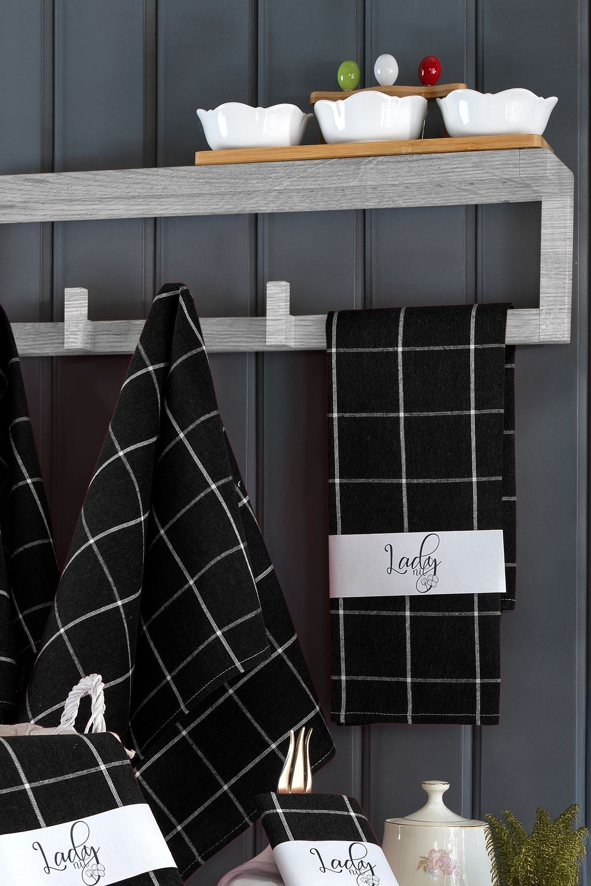 10'lu Mutfak Havlusu Seti & Alman Peçetesi 50x70 Cm % 100 Pamuk Ve Yıkanmış Büyük Kareli