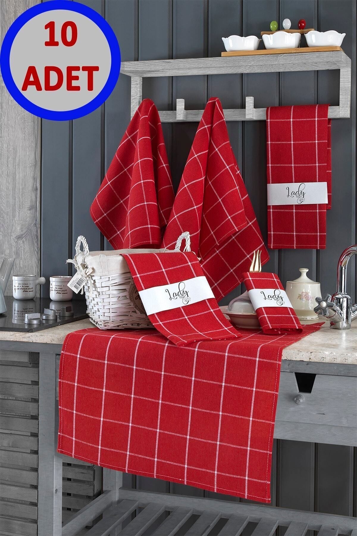 10'lu Mutfak Havlusu Seti & Alman Peçetesi 50x70 Cm % 100 Pamuk Ve Yıkanmış Büyük Kareli