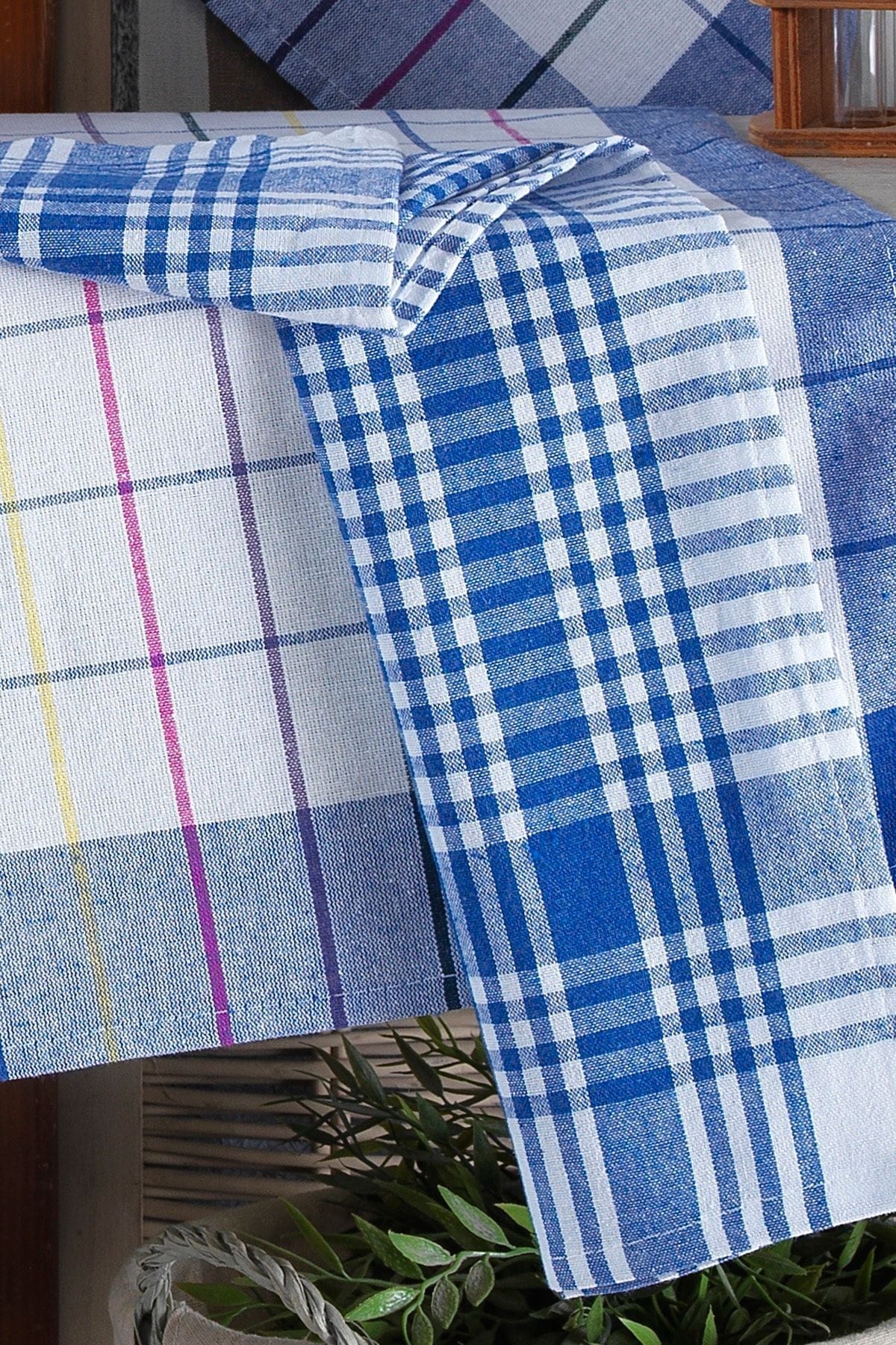 4'lü Mutfak Havlusu Seti & Alman Peçetesi 50x70 Cm % 100 Pamuk Ve Yıkanmış Büyük Kareli