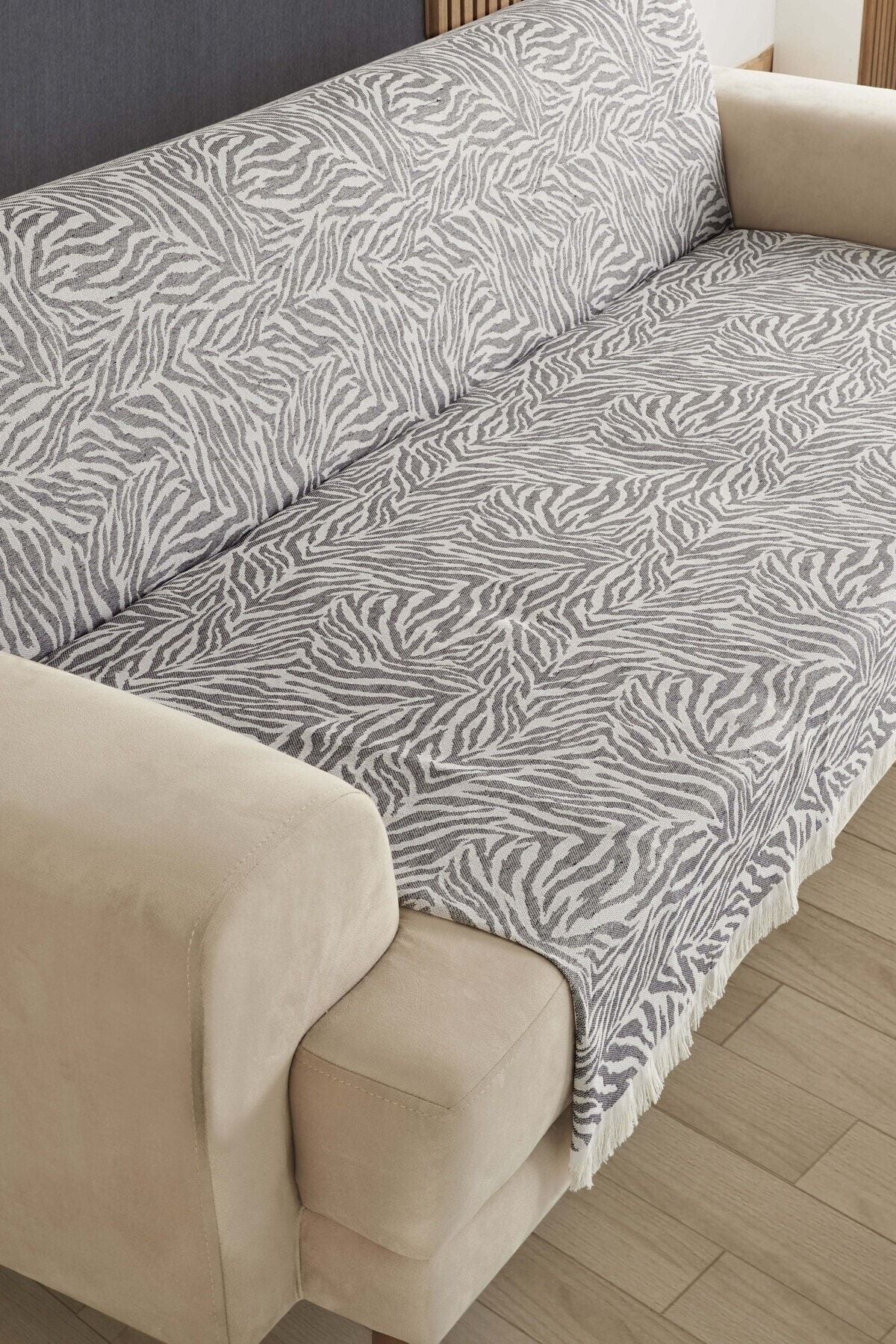 Koyu Gri Zebra %100 Pamuk Koltuk Örtüsü 160x210
