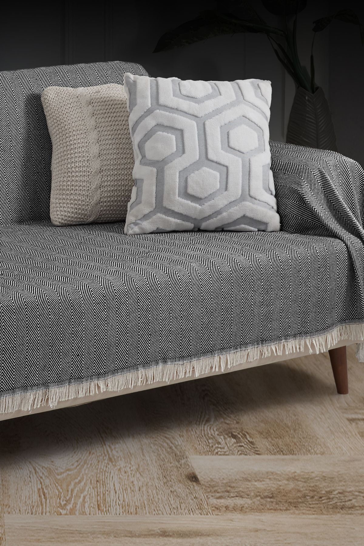 Saçaklı Koltuk Örtüsü %100 Pamuk | Koltuk Şalı 180x300 Cm Antrasit