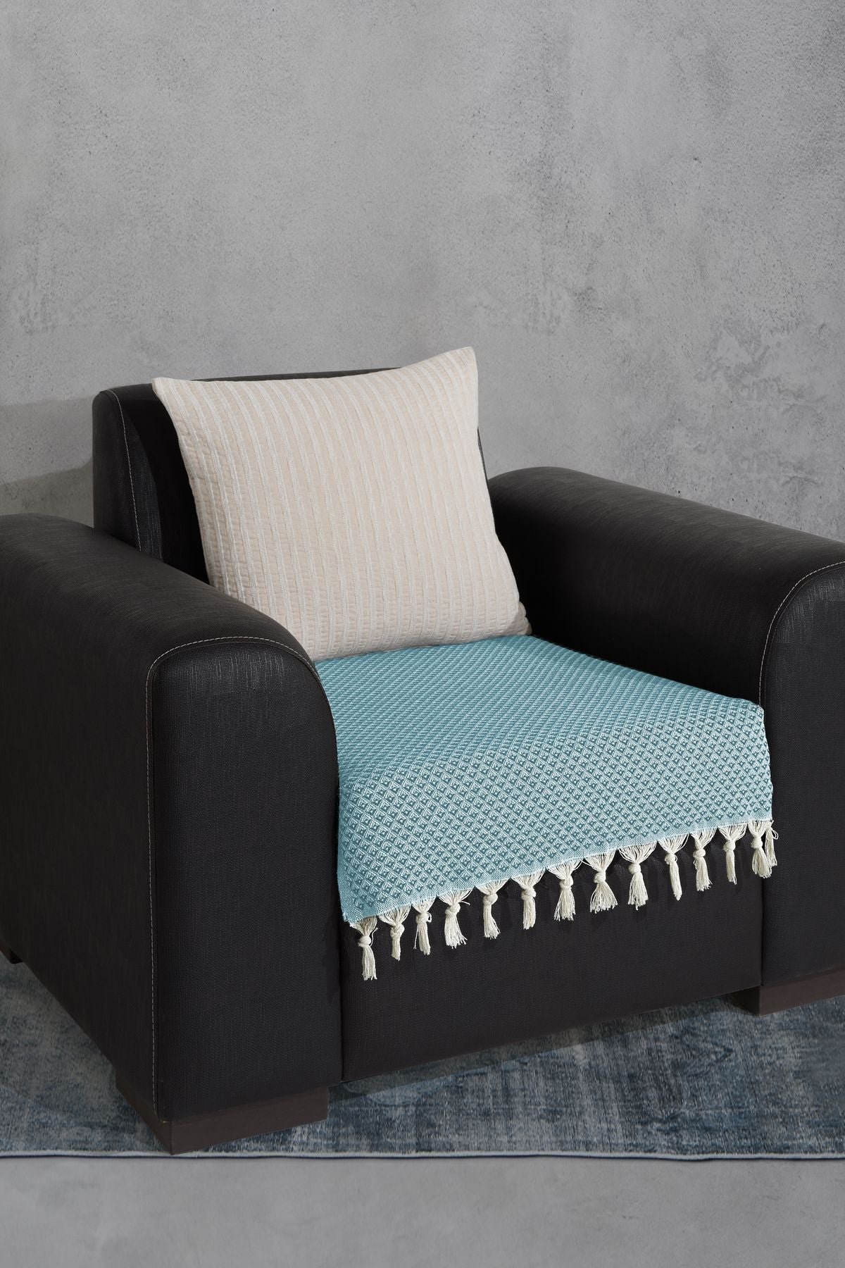 Oturma Yerini Kapatan Saçaklı Koltuk Örtüsü %100 Pamuk | Berjer Örtüsü Koltuk Şalı 70x95 Cm Yeşil