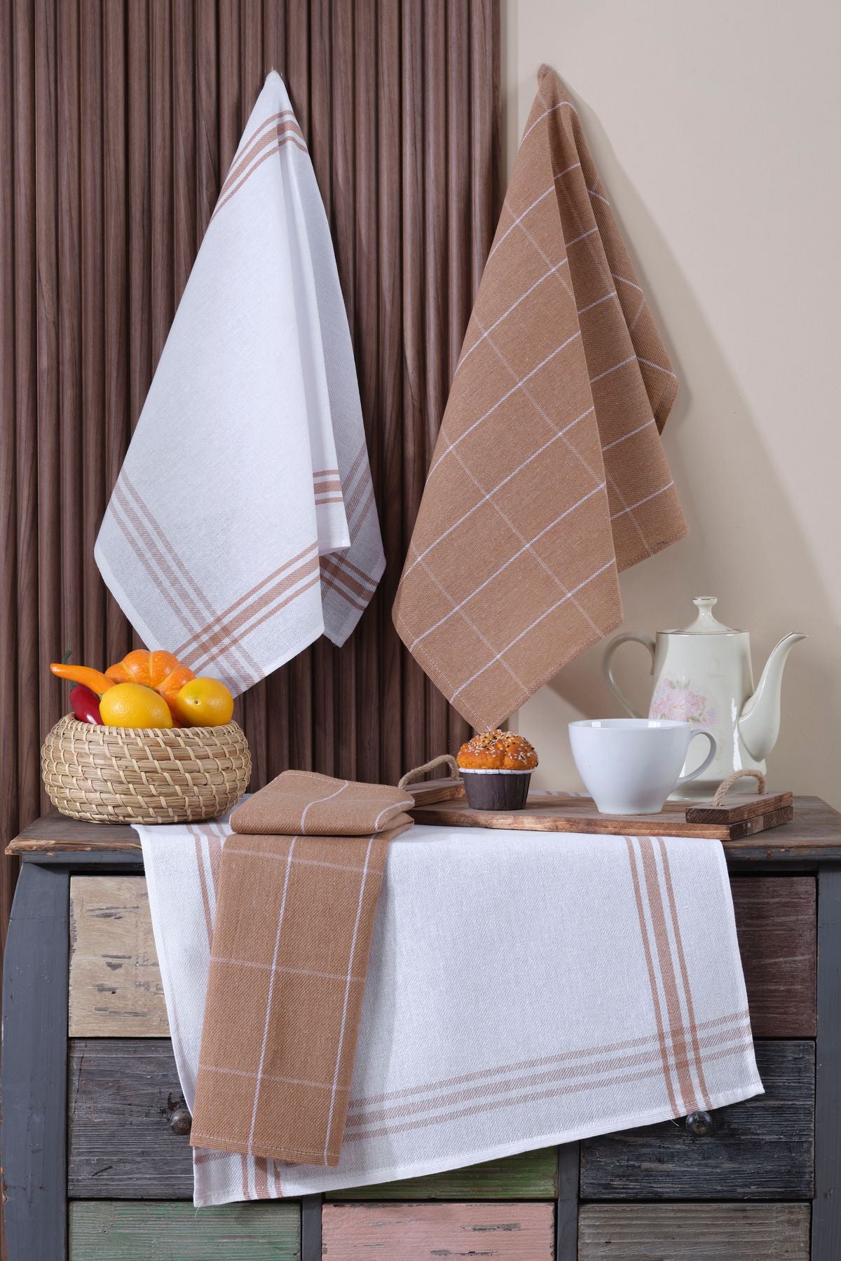 4'lü Mutfak Havlusu Seti & Alman Peçetesi 50x70 Cm % 100 Pamuk Ve Yıkanmış Büyük Kareli