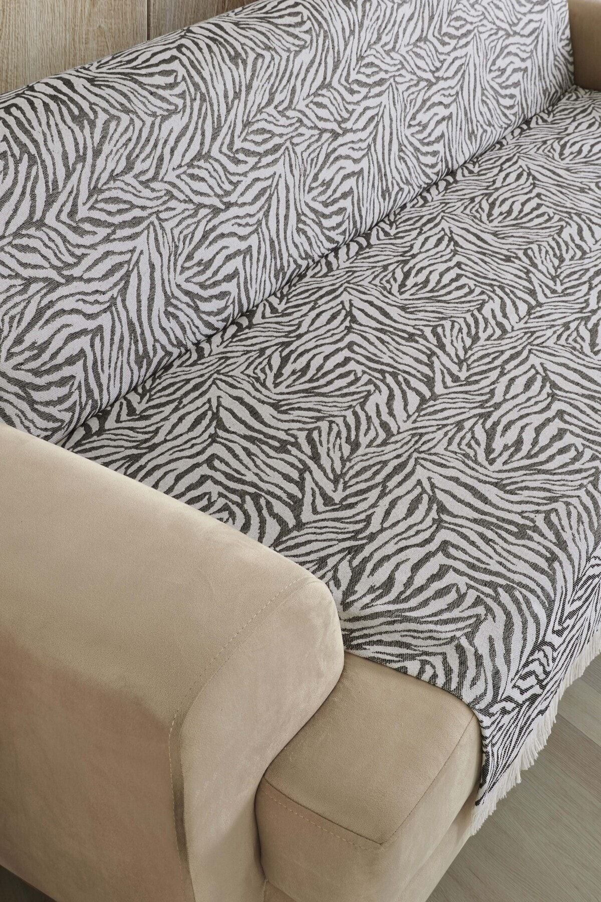 Koyu Gri Zebra %100 Pamuk Koltuk Örtüsü 160x210