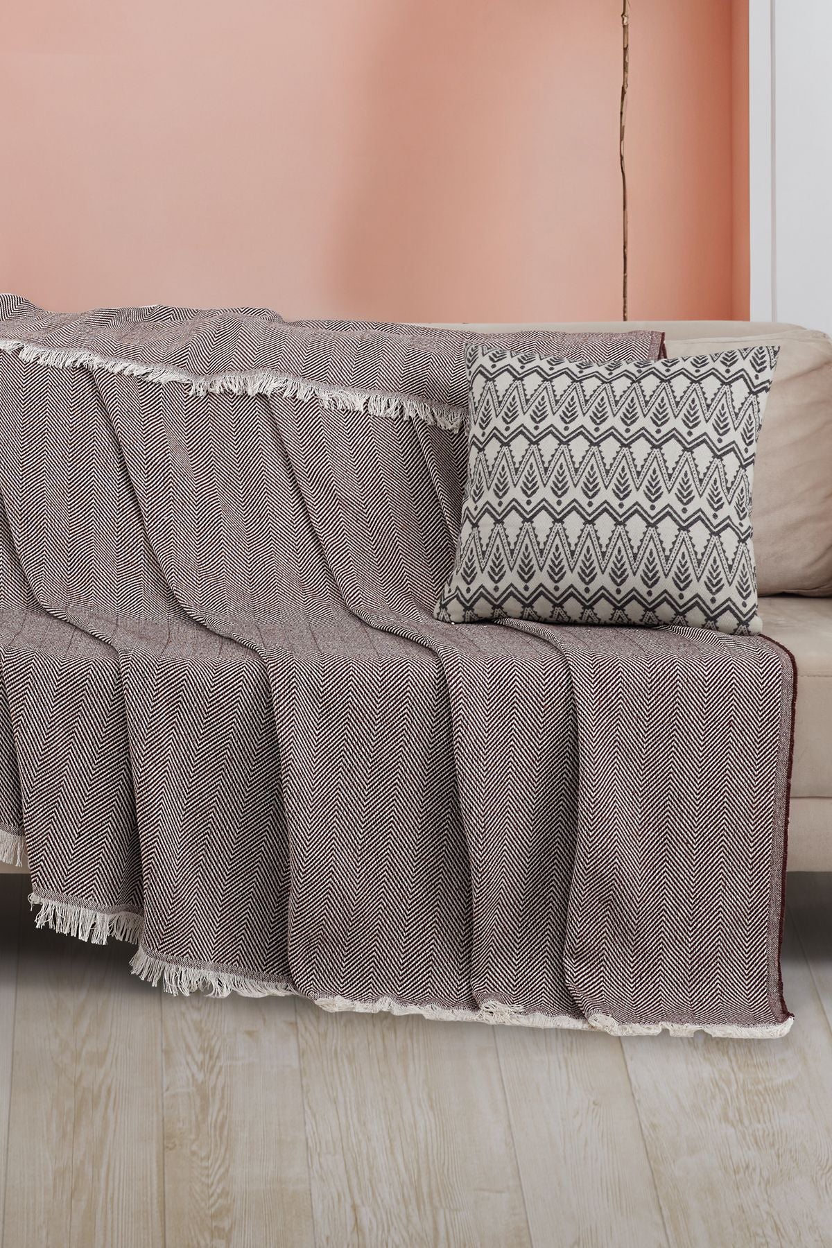 Saçaklı Koltuk Örtüsü | Koltuk Şalı 180x210cm Pamuk Bordo