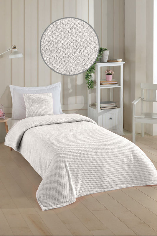 Wellsoft Tek Kişilik Yatak Örtüsü Ve Battaniyesi . 150 X 220cm 1 Adet Kırlent Kılıfı 45x45cm Ekru