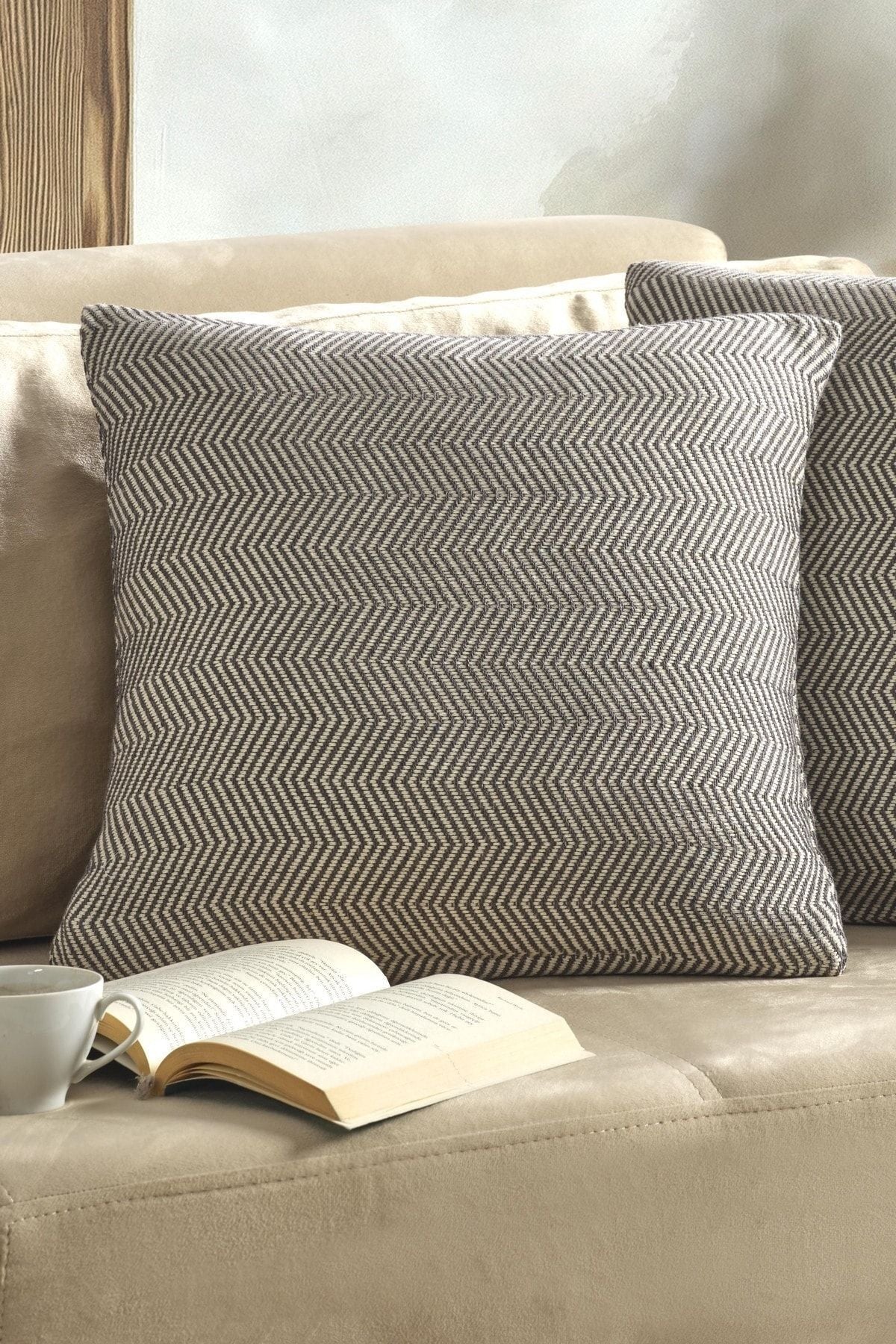 Naturel 2'li Kırlent Kılıfı 45x45 Siyah Fermuarlı