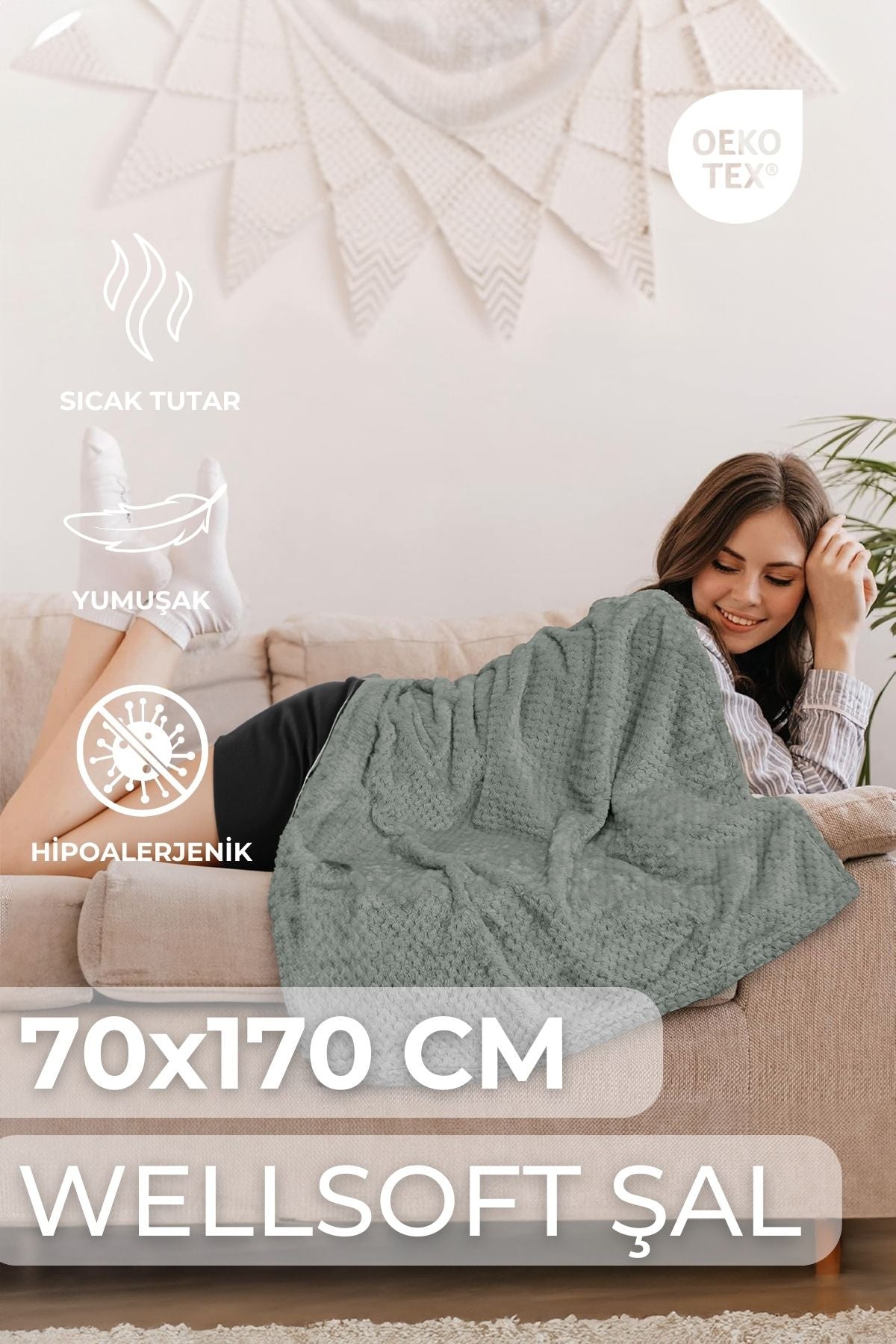 Wellsoft Şal – Sıcacık, Yumuşak Ve Oeko-tex Sertifikalı Hipoalerjenik Konfor 70x170 Cm Gri