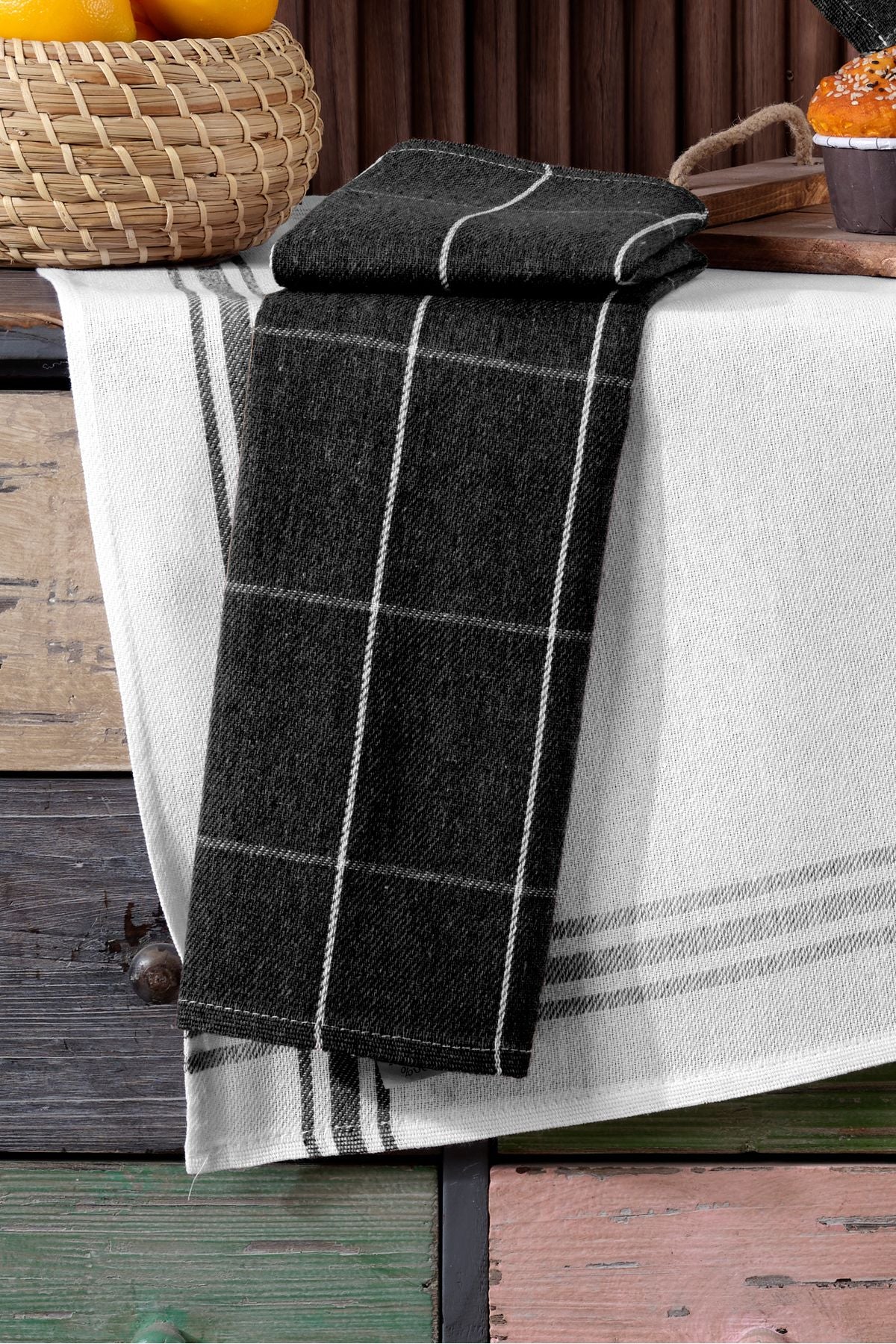 4'lü Mutfak Havlusu Seti & Alman Peçetesi 50x70 Cm % 100 Pamuk Ve Yıkanmış Büyük Kareli