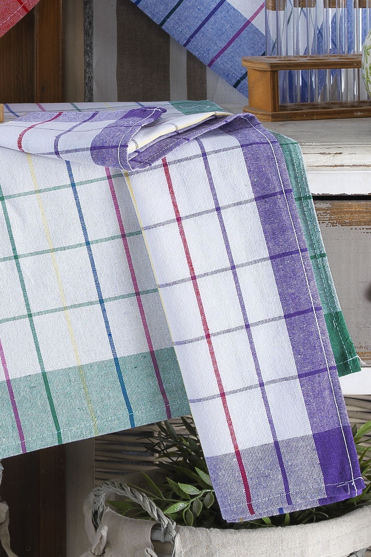 4'lü Mutfak Havlusu Seti & Alman Peçetesi 50x70 Cm % 100 Pamuk Ve Yıkanmış Büyük Kareli