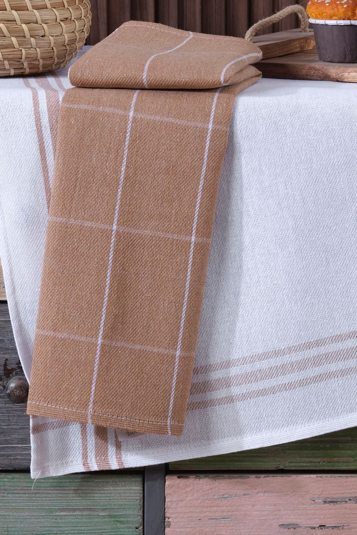 4'lü Mutfak Havlusu Seti & Alman Peçetesi 50x70 Cm % 100 Pamuk Ve Yıkanmış Büyük Kareli