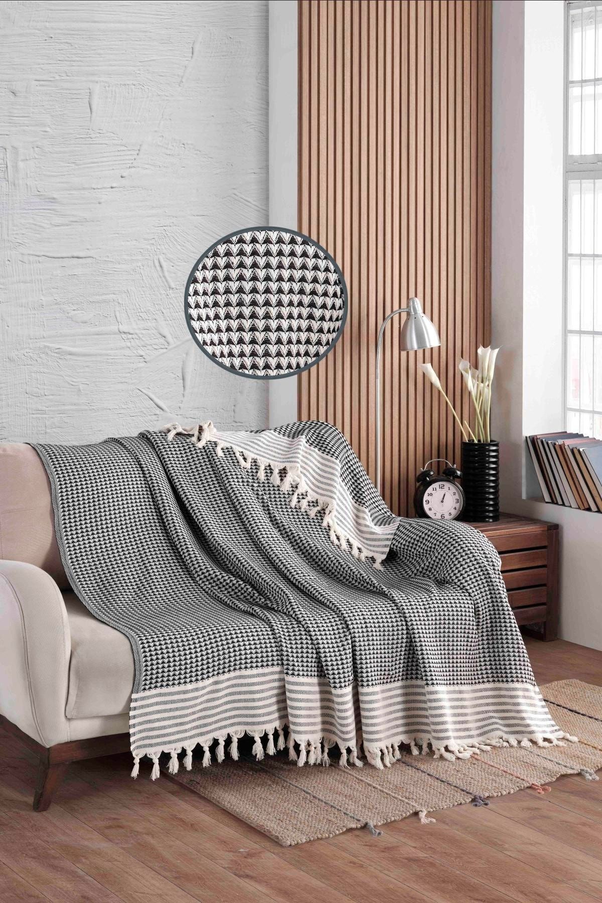 Piramit Siyah Koltuk Örtüsü | Koltuk Şalı 180x210 Pamuk