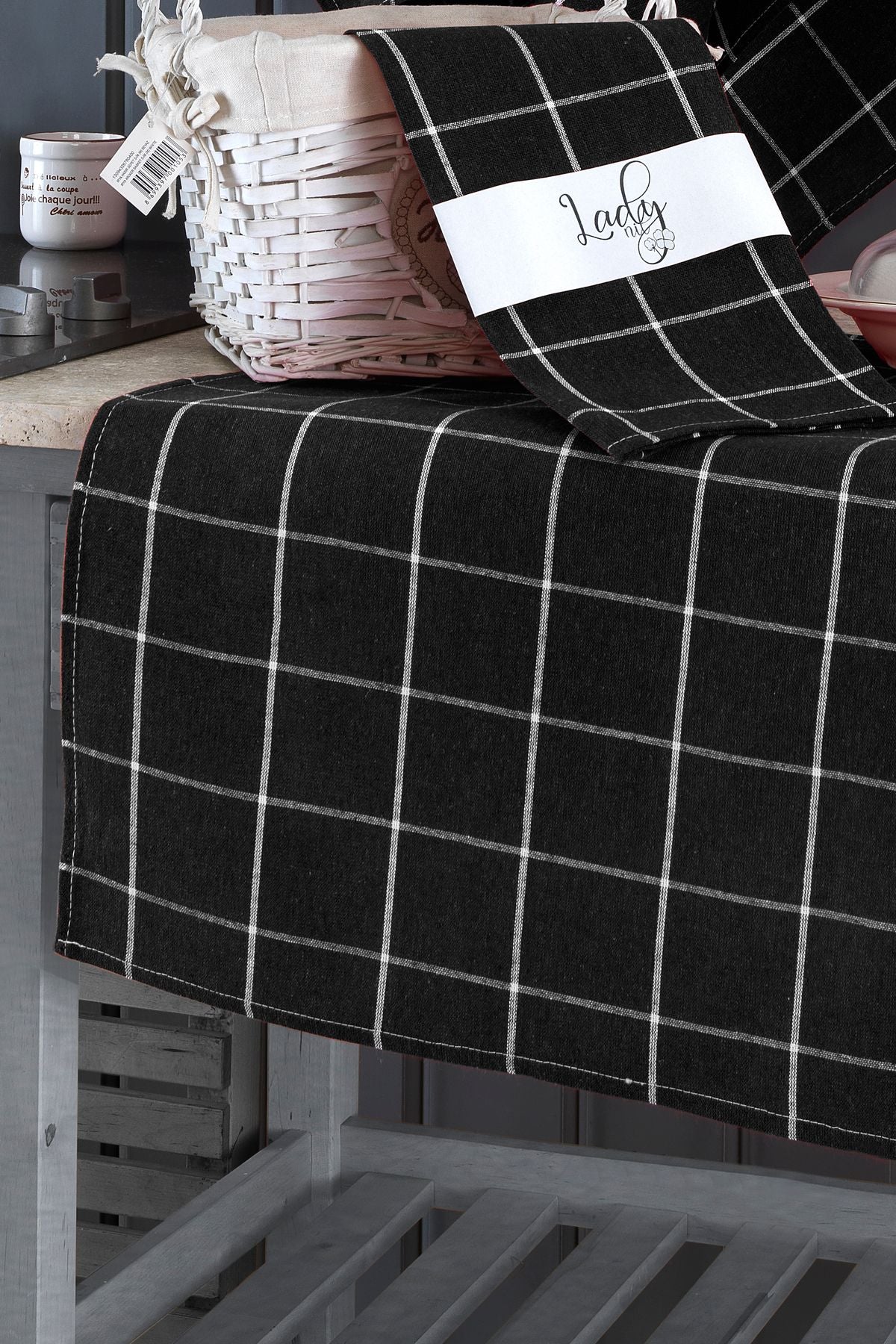 10'lu Mutfak Havlusu Seti & Alman Peçetesi 50x70 Cm % 100 Pamuk Ve Yıkanmış Büyük Kareli