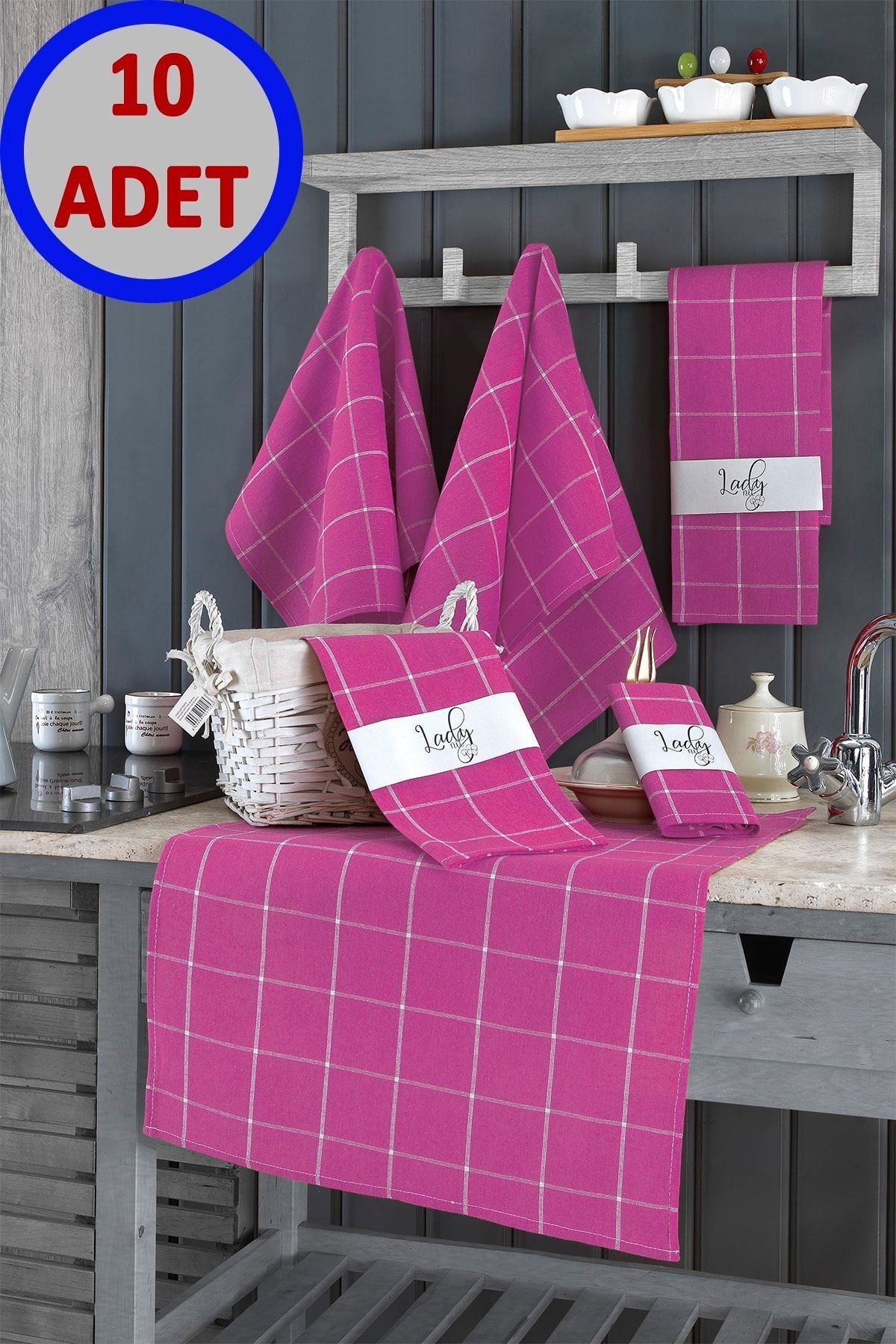 10'lu Mutfak Havlusu Seti & Alman Peçetesi 50x70 Cm % 100 Pamuk Ve Yıkanmış Büyük Kareli