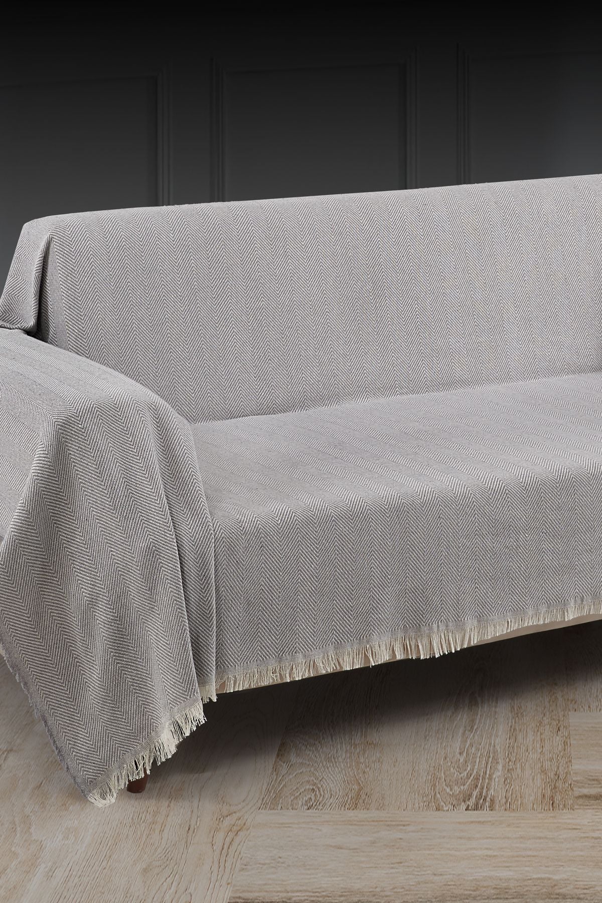 Saçaklı Koltuk Örtüsü %100 Pamuk | Koltuk Şalı 180x300 Cm Antrasit