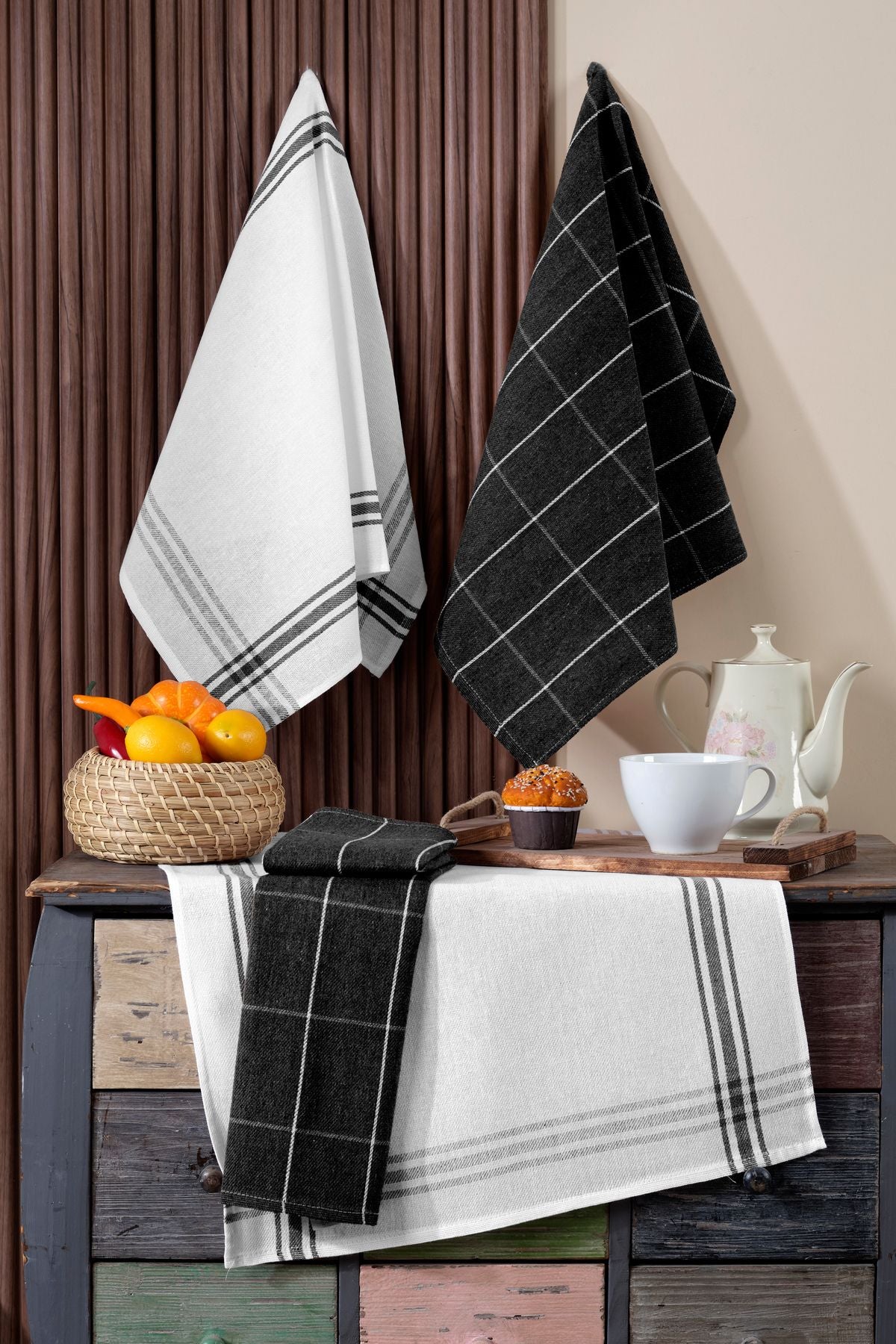 4'lü Mutfak Havlusu Seti & Alman Peçetesi 50x70 Cm % 100 Pamuk Ve Yıkanmış Büyük Kareli