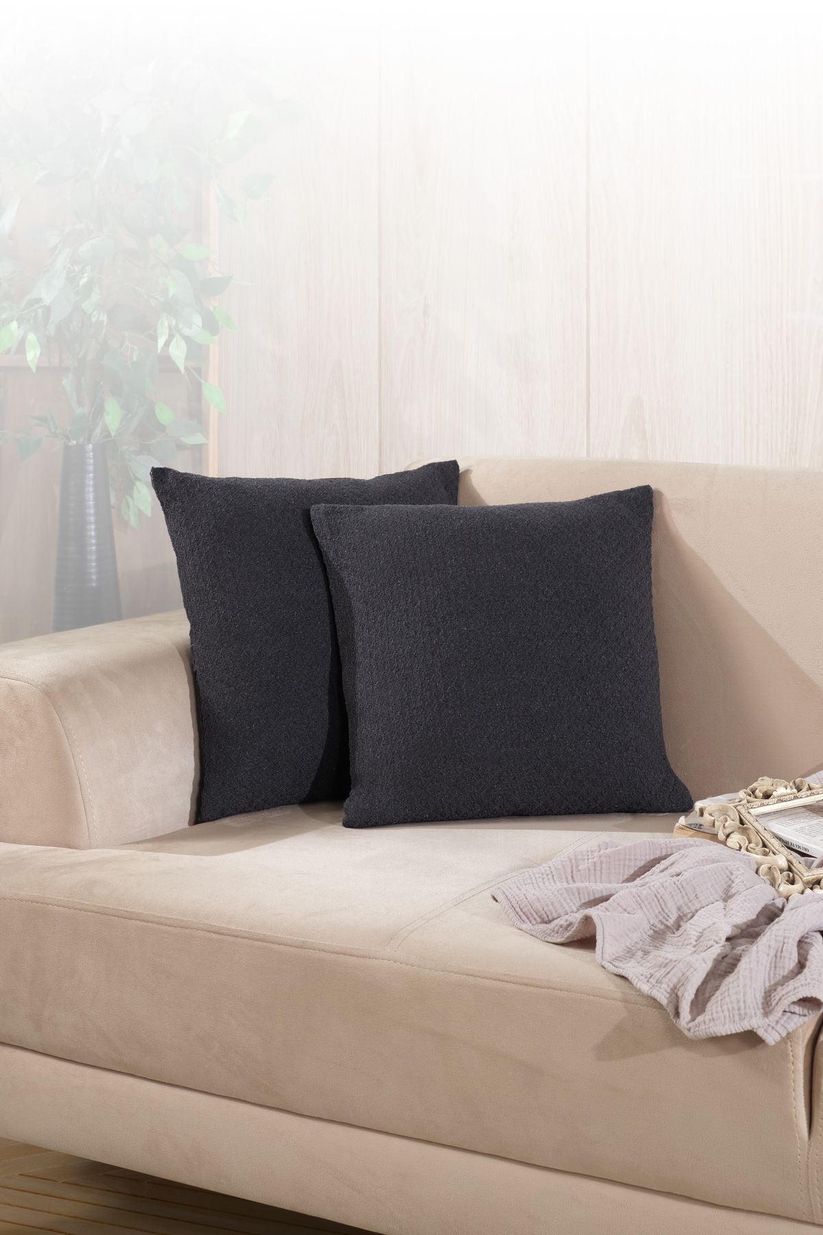 Bohem 2'li Kırlent Kılıfı Dekoratif Yastık Kılıfı 45x45 Fermuarlı Gri