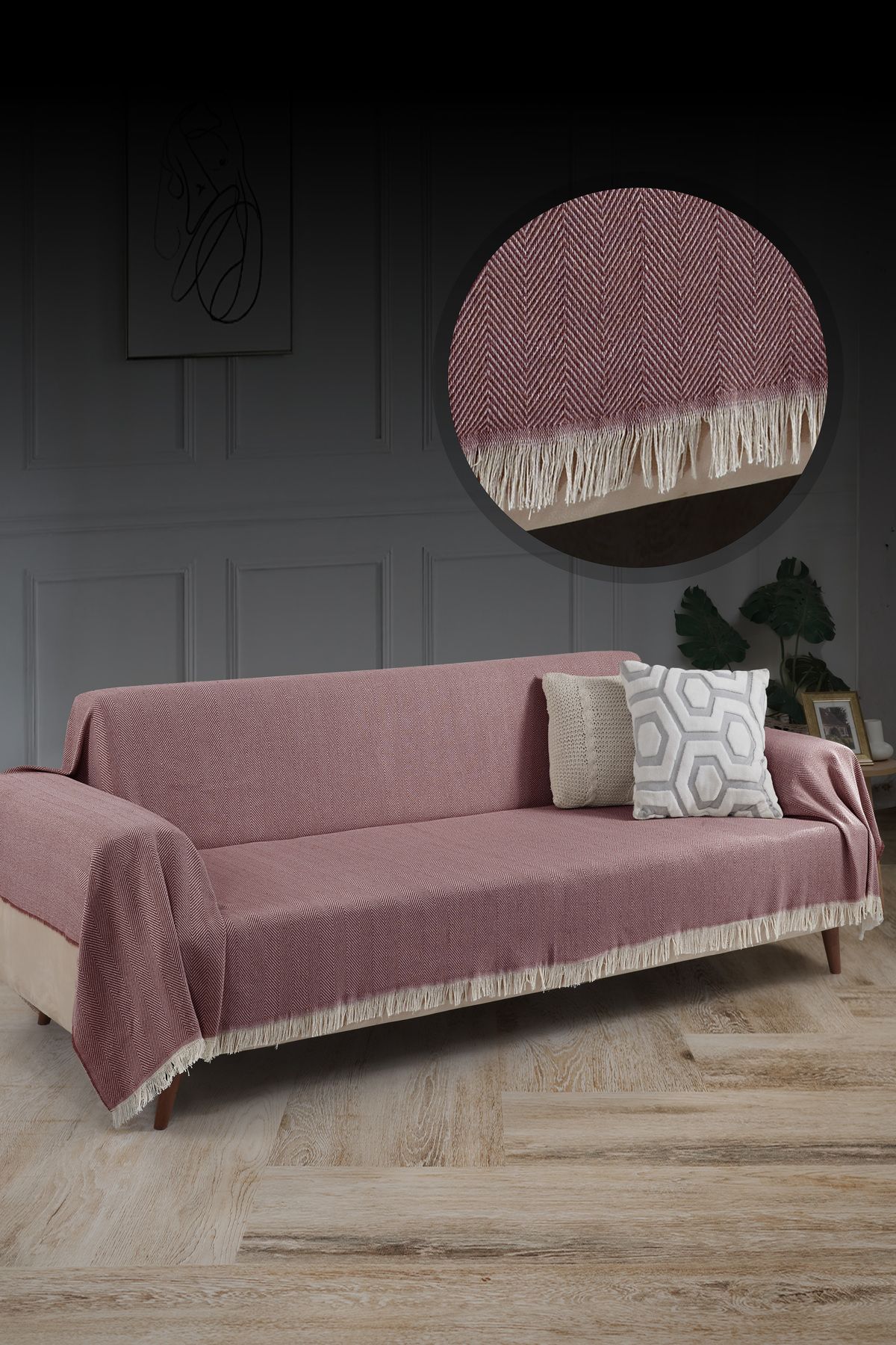 Saçaklı Koltuk Örtüsü %100 Pamuk | Koltuk Şalı 180x300 Cm Antrasit