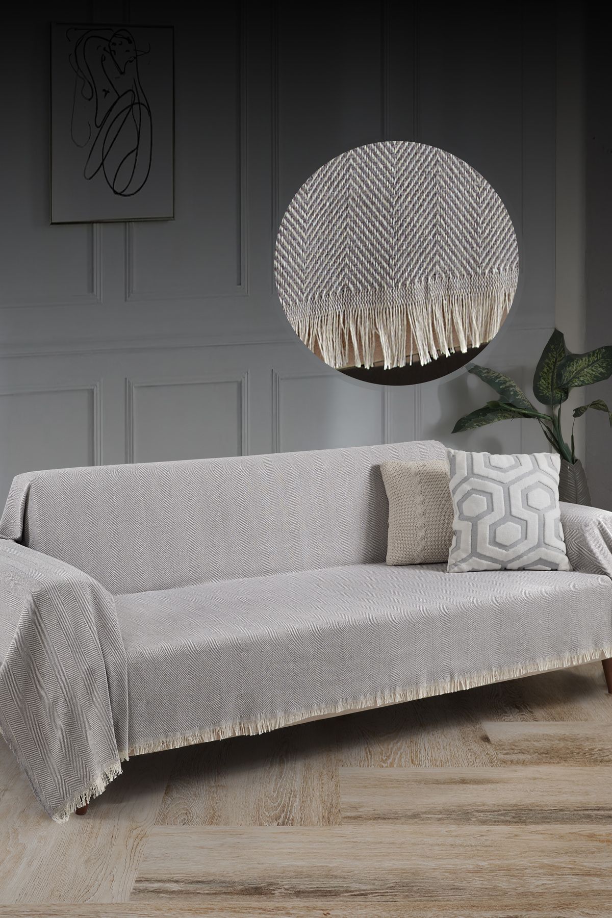 Saçaklı Koltuk Örtüsü %100 Pamuk | Koltuk Şalı 180x300 Cm Antrasit