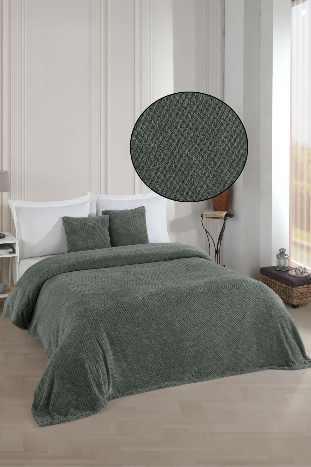 Softy Çift Kişilik Yatak Örtüsü | Wellsoft Battaniye 220 X 230cm 2 Adet Kırlent Kılıfı 45x45cm Ekru