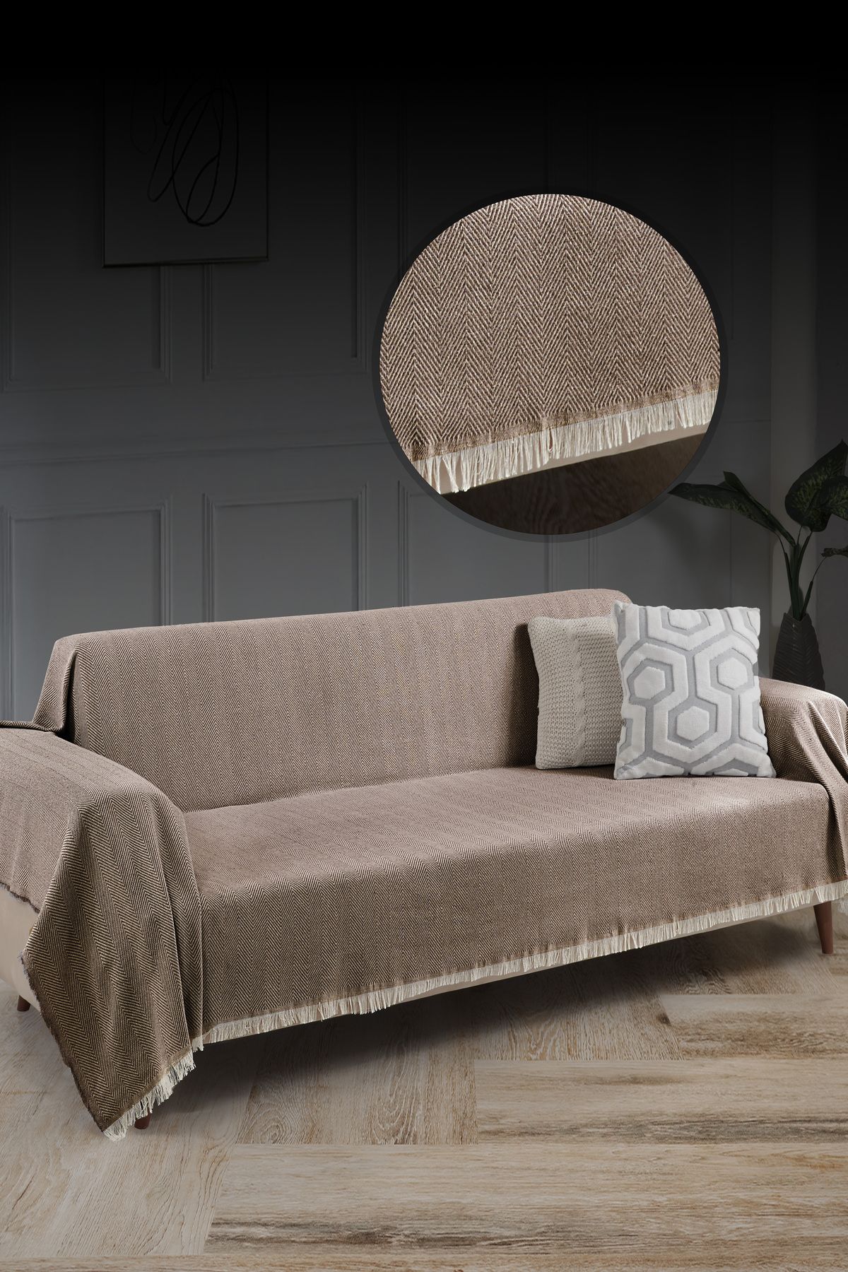 Saçaklı Koltuk Örtüsü %100 Pamuk | Koltuk Şalı 180x300 Cm Antrasit