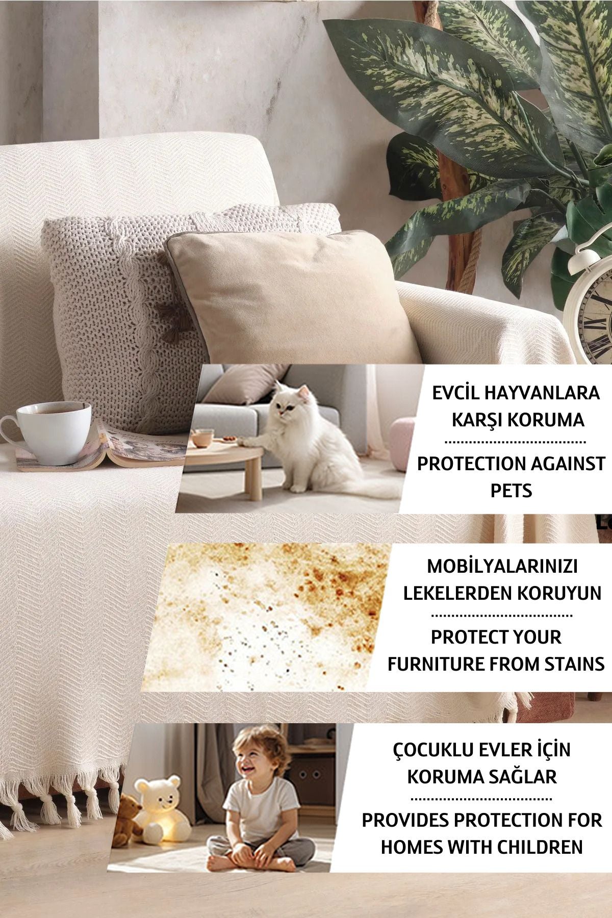 Wellsoft Berjer Ve Tekli Koltuk Örtüsü Ve Tv Battaniyesi 140x140 1 Adet 45x45 Kırlent Kılıfı Ekru