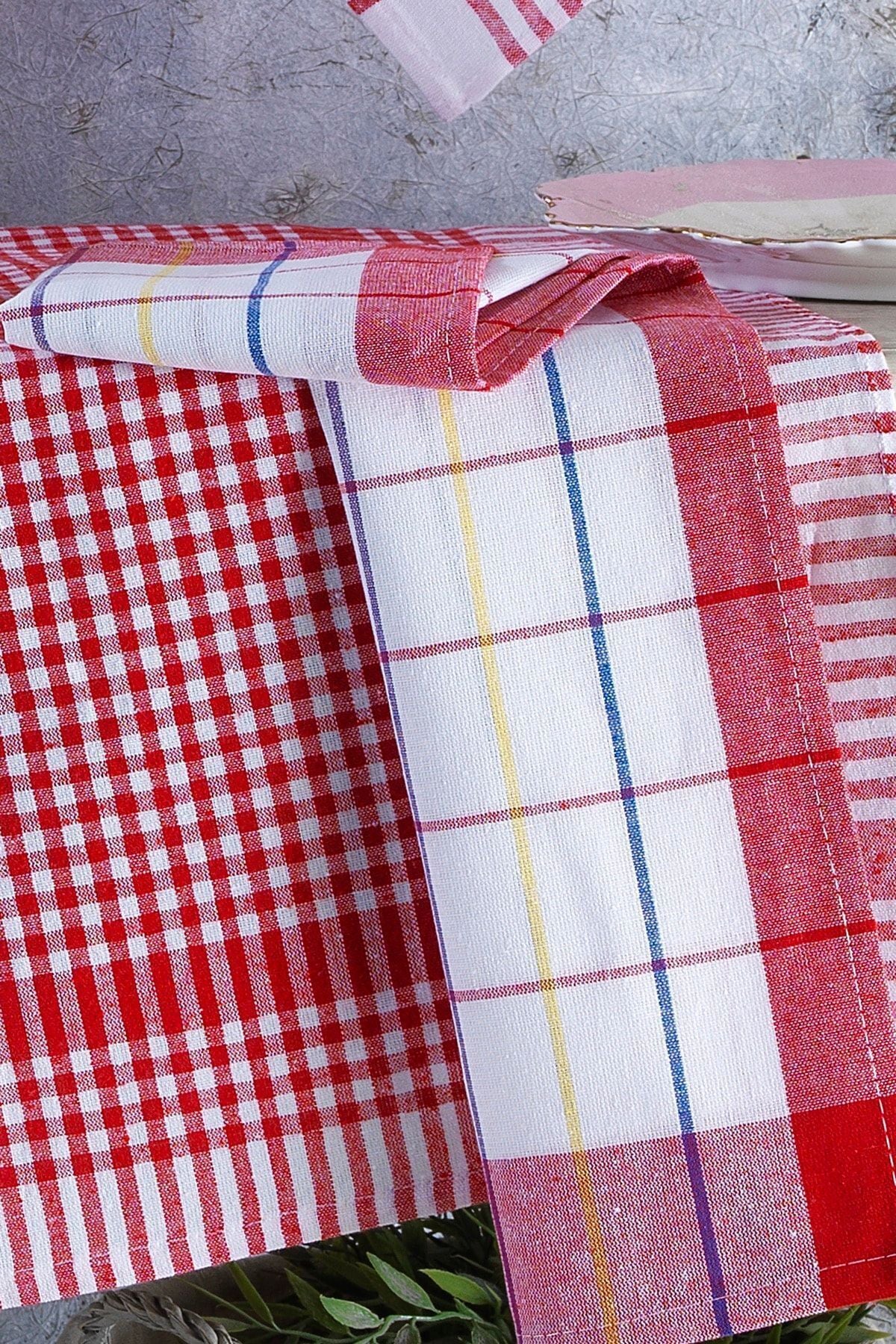 4'lü Mutfak Havlusu Seti & Alman Peçetesi 50x70 Cm % 100 Pamuk Ve Yıkanmış Büyük Kareli