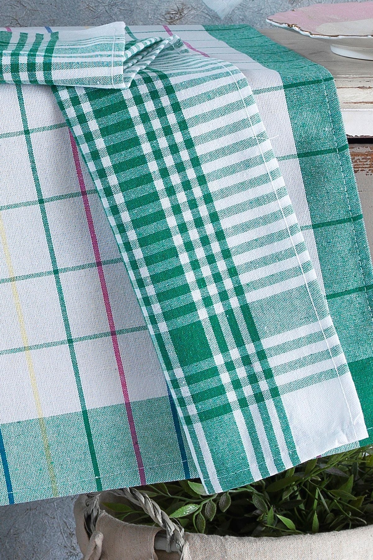 4'lü Mutfak Havlusu Seti & Alman Peçetesi 50x70 Cm % 100 Pamuk Ve Yıkanmış Büyük Kareli