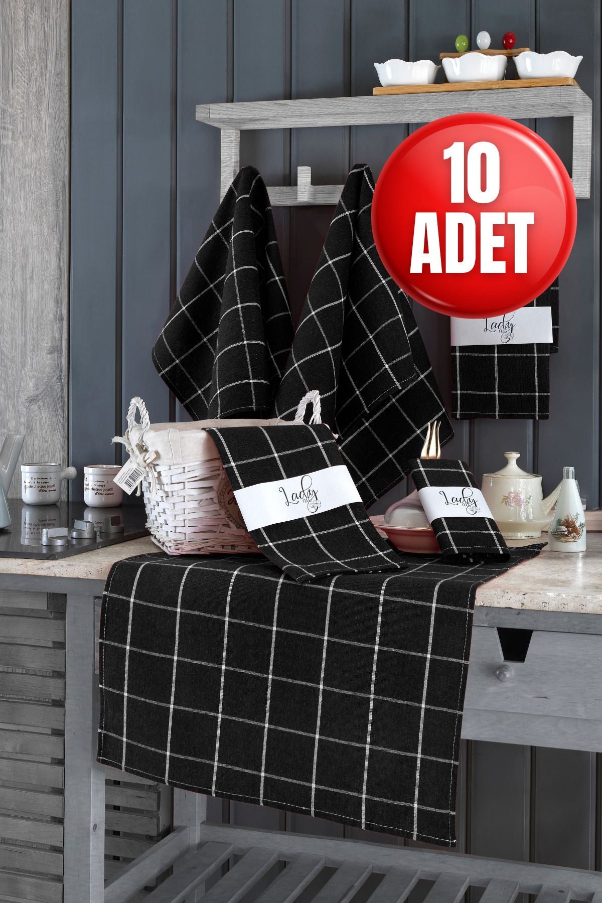 10'lu Mutfak Havlusu Seti & Alman Peçetesi 50x70 Cm % 100 Pamuk Ve Yıkanmış Büyük Kareli
