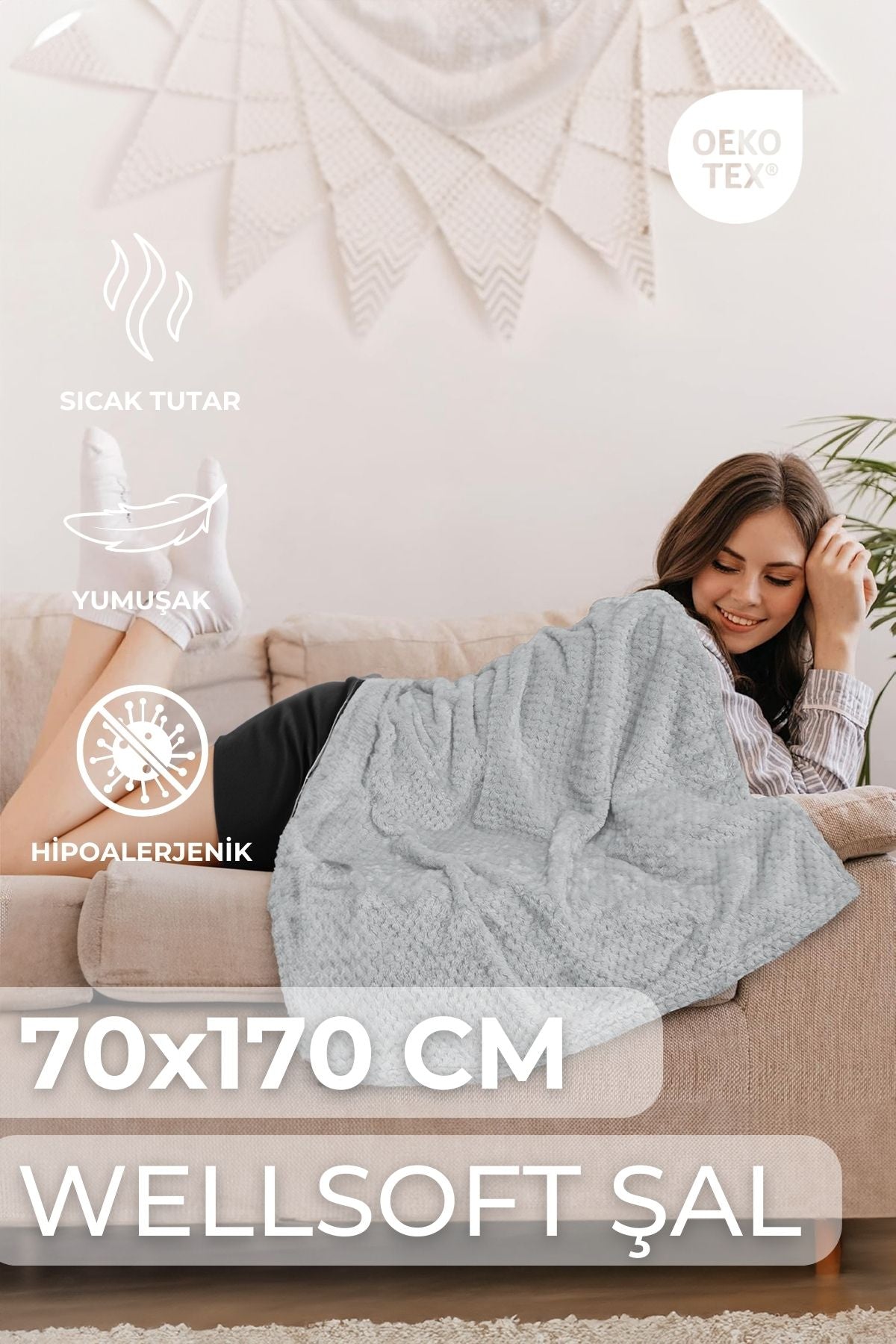 Wellsoft Şal – Sıcacık, Yumuşak Ve Oeko-tex Sertifikalı Hipoalerjenik Konfor 70x170 Cm Gri