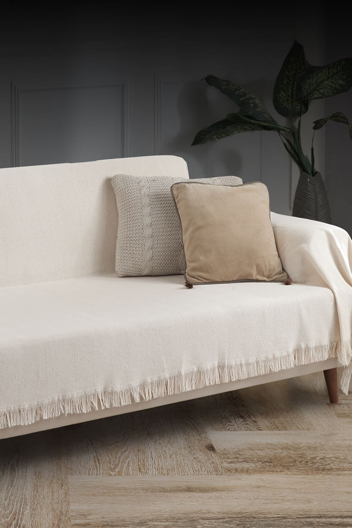 Saçaklı Koltuk Örtüsü %100 Pamuk | Koltuk Şalı 180x300 Cm Antrasit