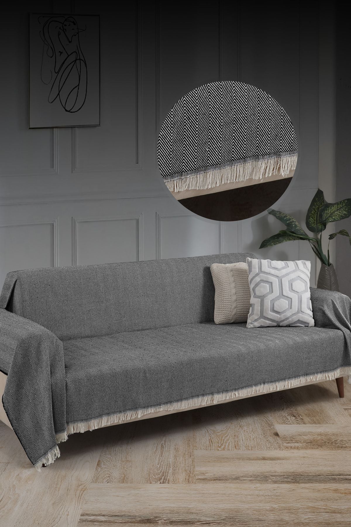 Saçaklı Koltuk Örtüsü %100 Pamuk | Koltuk Şalı 180x300 Cm Antrasit