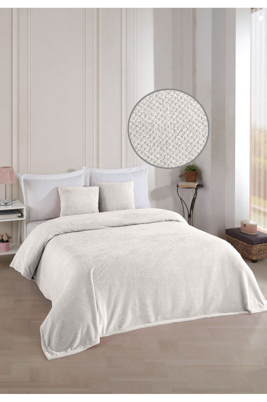 Softy Çift Kişilik Yatak Örtüsü | Wellsoft Battaniye 220 X 230cm 2 Adet Kırlent Kılıfı 45x45cm Ekru