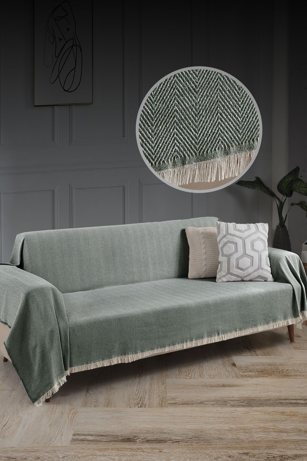 Saçaklı Koltuk Örtüsü %100 Pamuk | Koltuk Şalı 180x300 Cm Antrasit