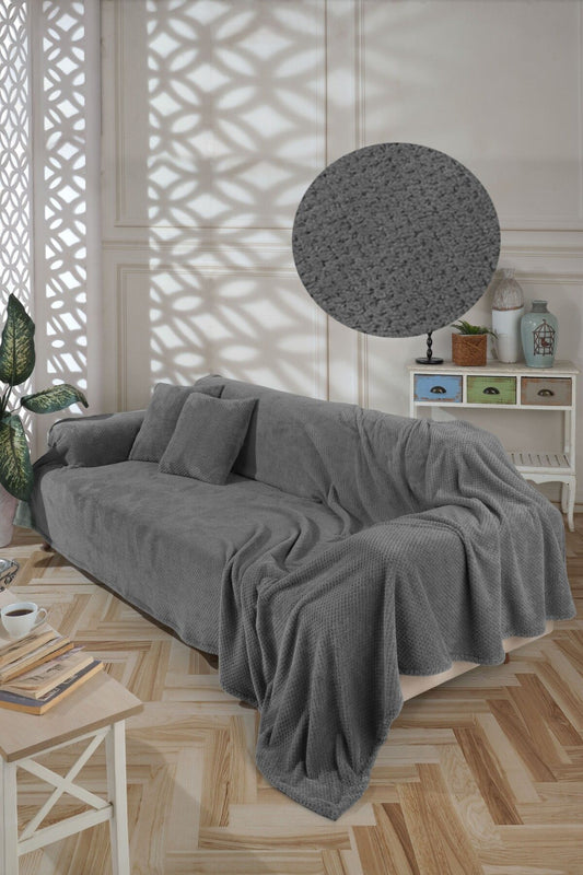 SOFTY / WELLSOFT / Koltuk Örtüsü Kolları Kaplayan ve TV Battaniyesi 180x300 + 2 Adet 45x45 Kırlent K