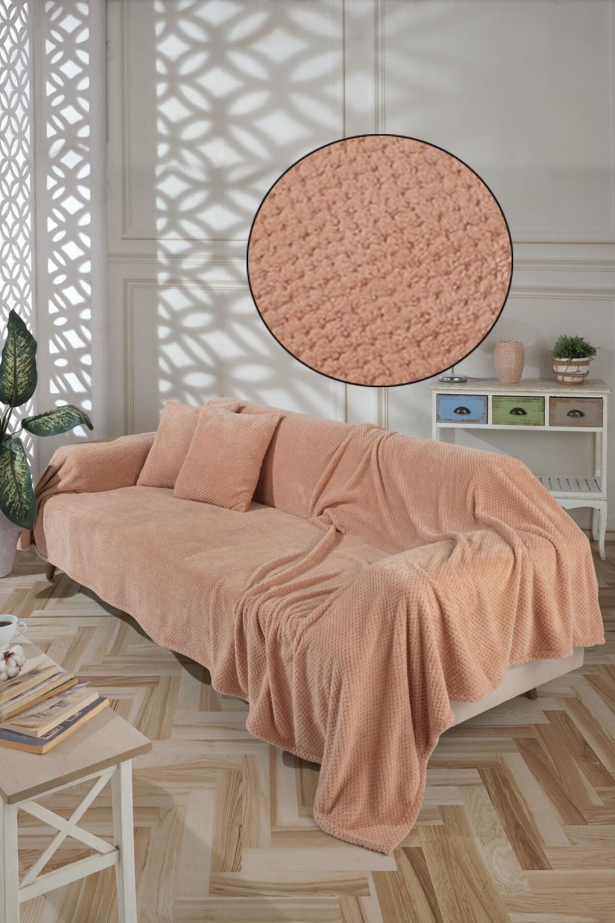 Wellsoft Koltuk Örtüsü Kolları Kaplayan 180x300cm 2 Adet 45x45cm Kırlent Kılıfı Ekru