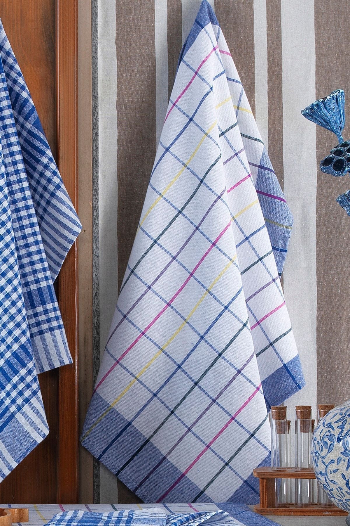 4'lü Mutfak Havlusu Seti & Alman Peçetesi 50x70 Cm % 100 Pamuk Ve Yıkanmış Büyük Kareli