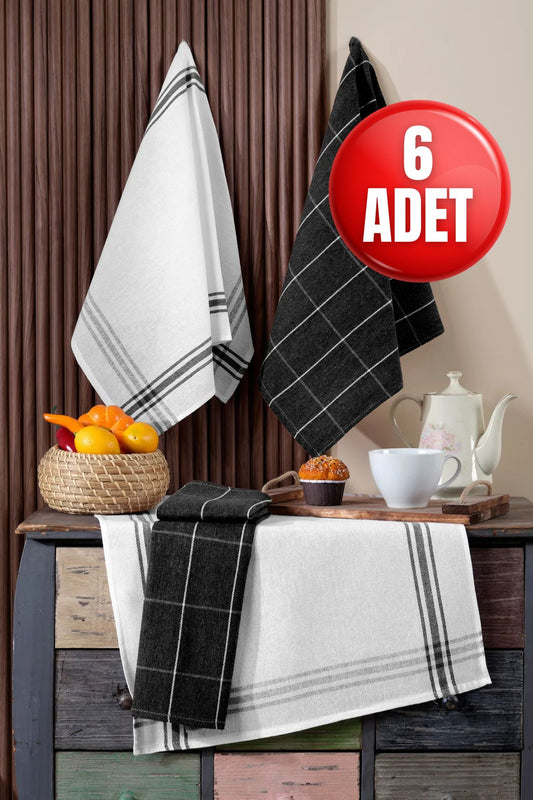 6'lı Mutfak Havlusu Seti & Alman Peçetesi 50x70 Cm % 100 Pamuk Ve Yıkanmış Büyük Kareli