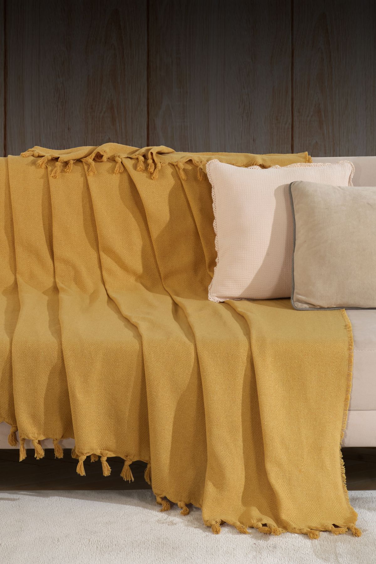 Natural Koltuk Örtüsü Koltuk Şalı 180 x 210 %100 Pamuk Hardal