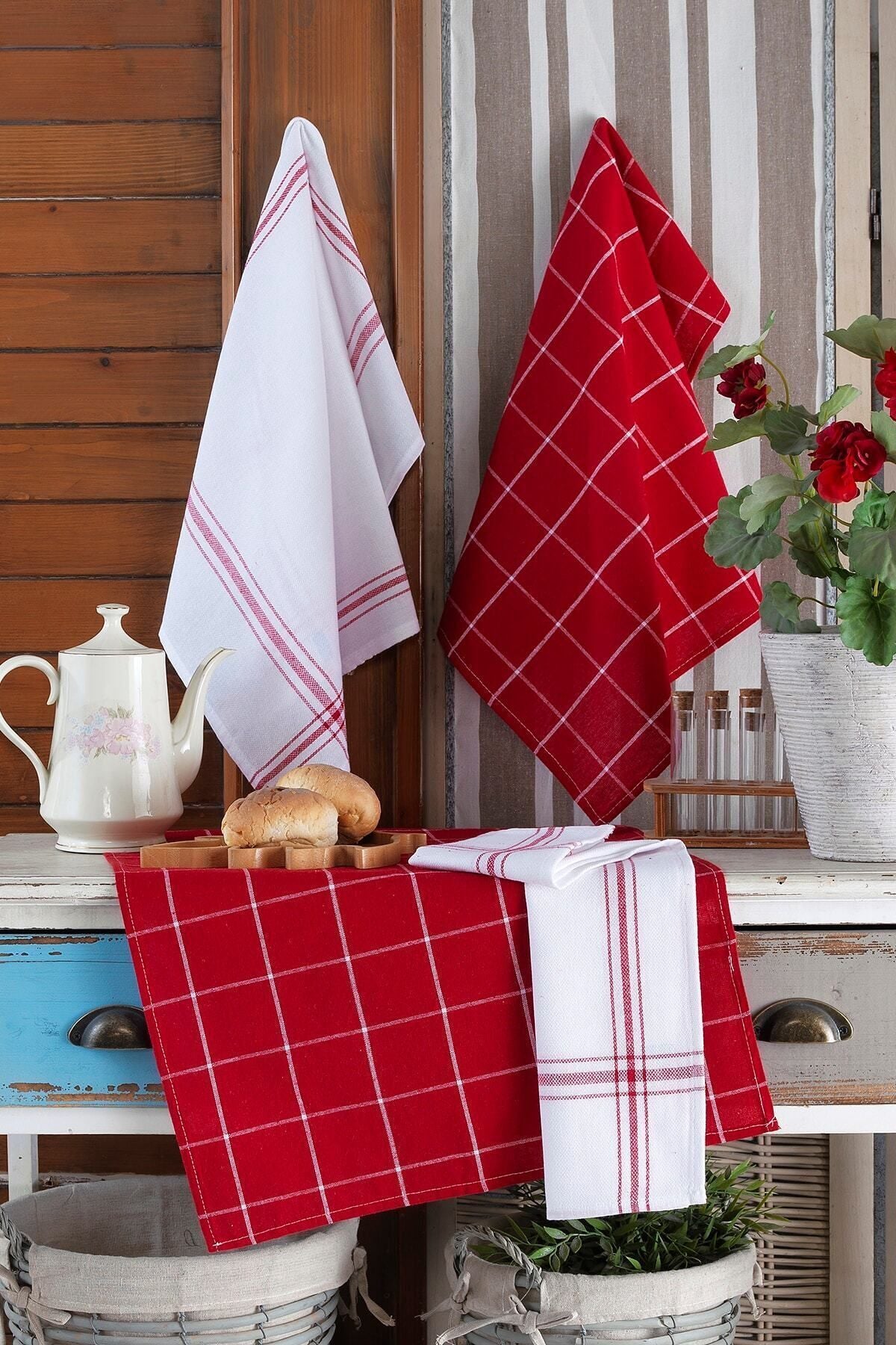 4'lü Mutfak Havlusu Seti & Alman Peçetesi 50x70 Cm % 100 Pamuk Ve Yıkanmış Büyük Kareli