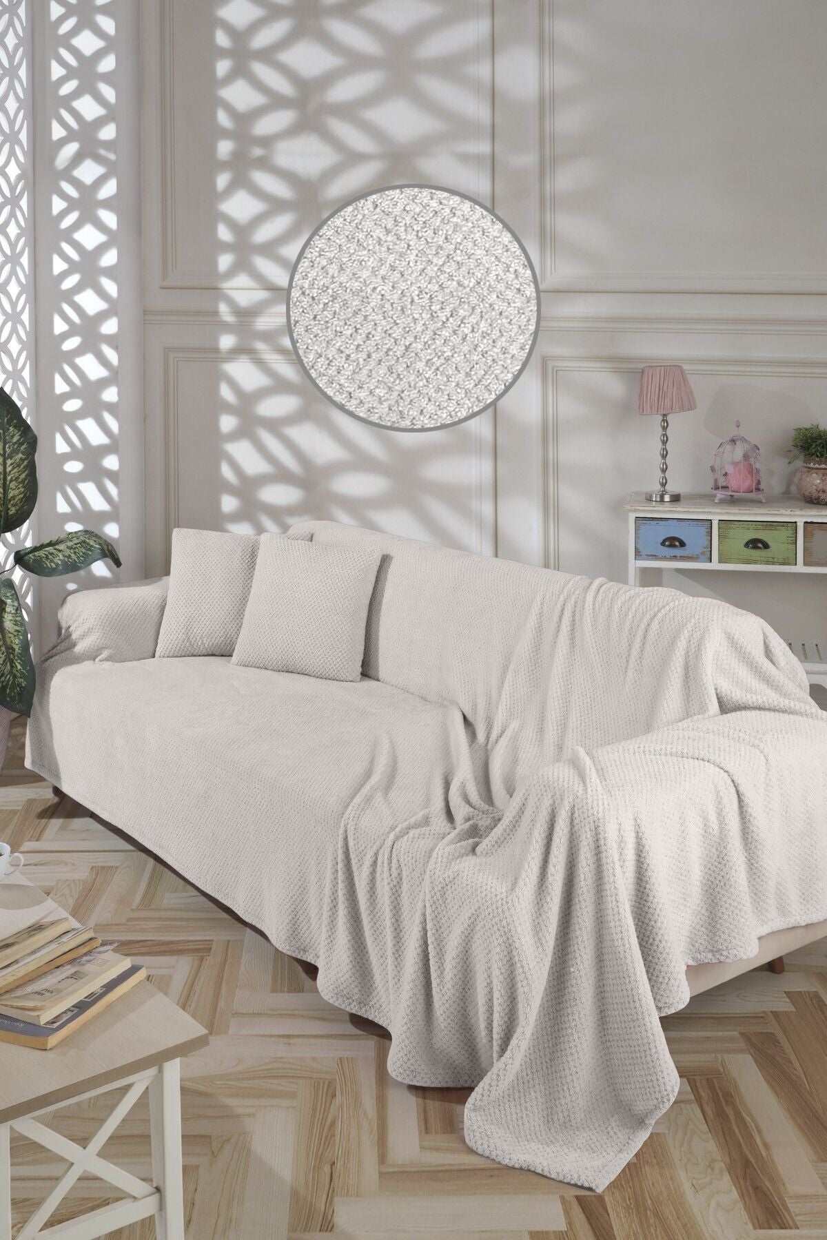 Wellsoft Koltuk Örtüsü Kolları Kaplayan 180x300cm 2 Adet 45x45cm Kırlent Kılıfı Ekru