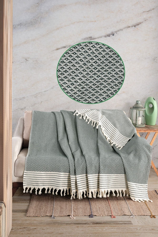 Yıldız Bordürlü Yeşil Koltuk Örtüsü | Koltuk Şalı 180x210 Pamuk