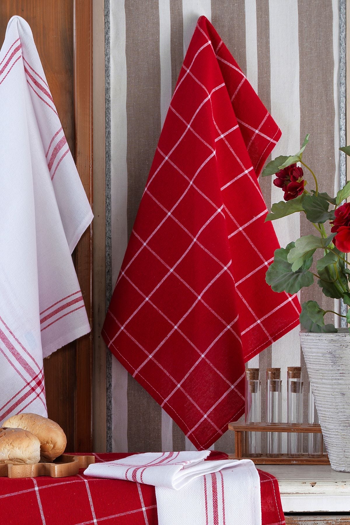 6'lı Mutfak Havlusu Seti & Alman Peçetesi 50x70 Cm % 100 Pamuk Ve Yıkanmış Büyük Kareli