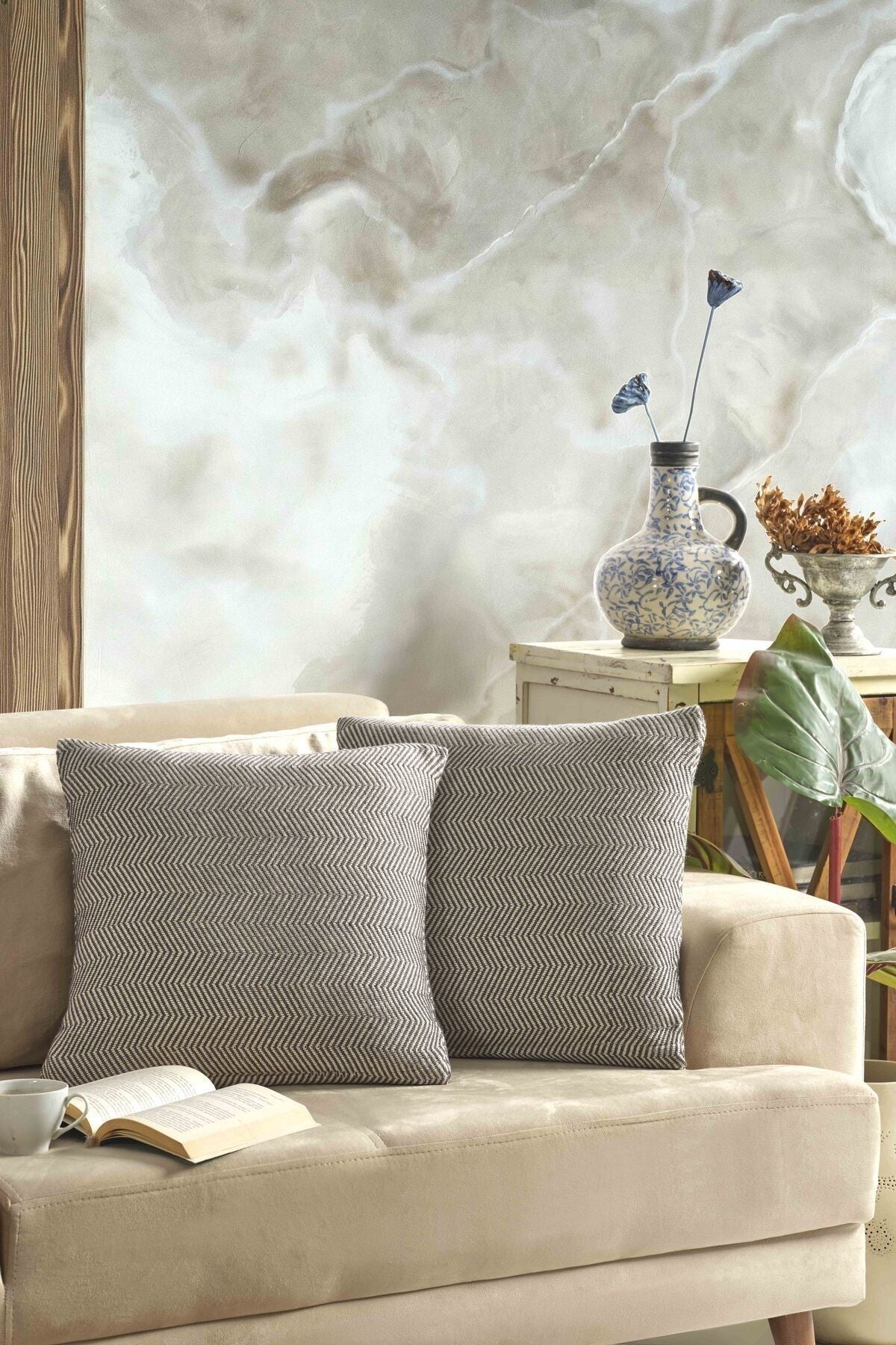 Naturel 2'li Kırlent Kılıfı 45x45 Siyah Fermuarlı