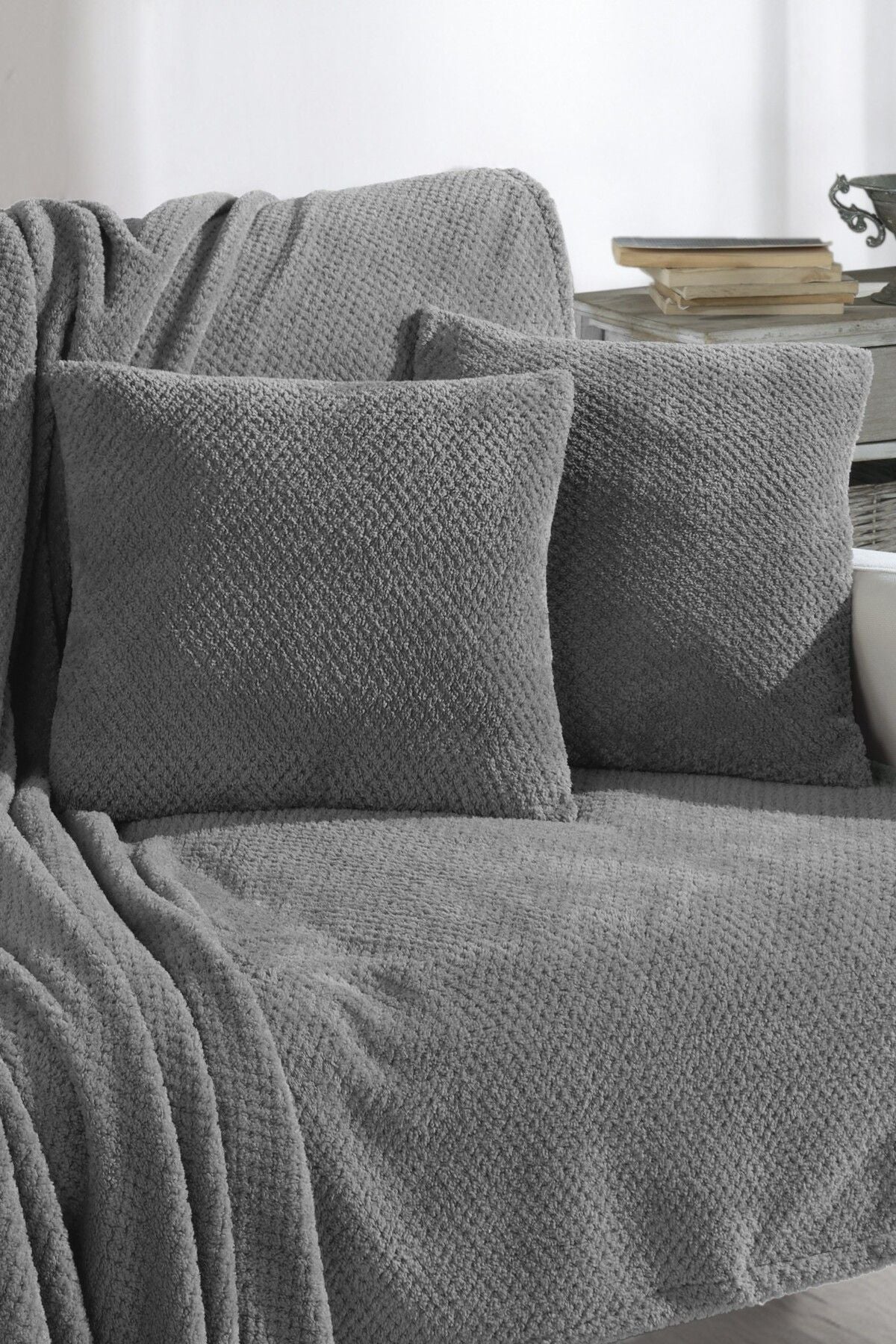 Welsoft Koltuk Örtüsü Ve Tv Battaniyesi 180x200 2 Adet 45x45 Kırlent Kılıfı Ekru